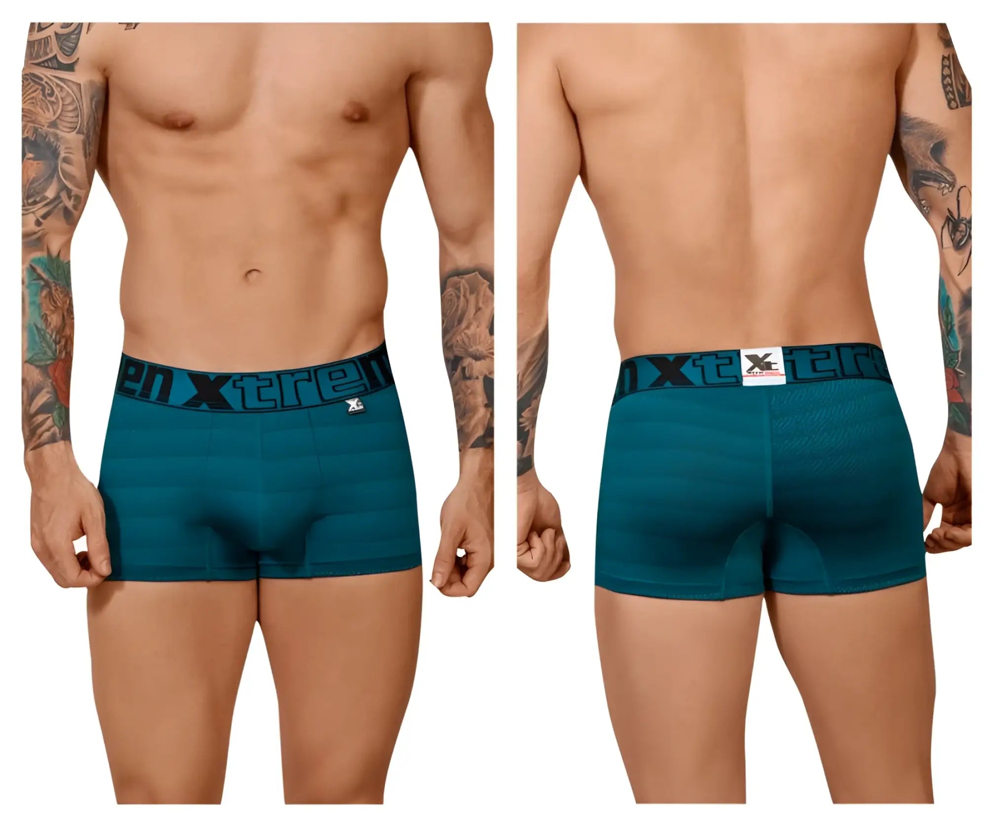 Teal textured men’s boxer briefs with geometric jacquard fabric and black xtreme branded elastic waistband in petrol color