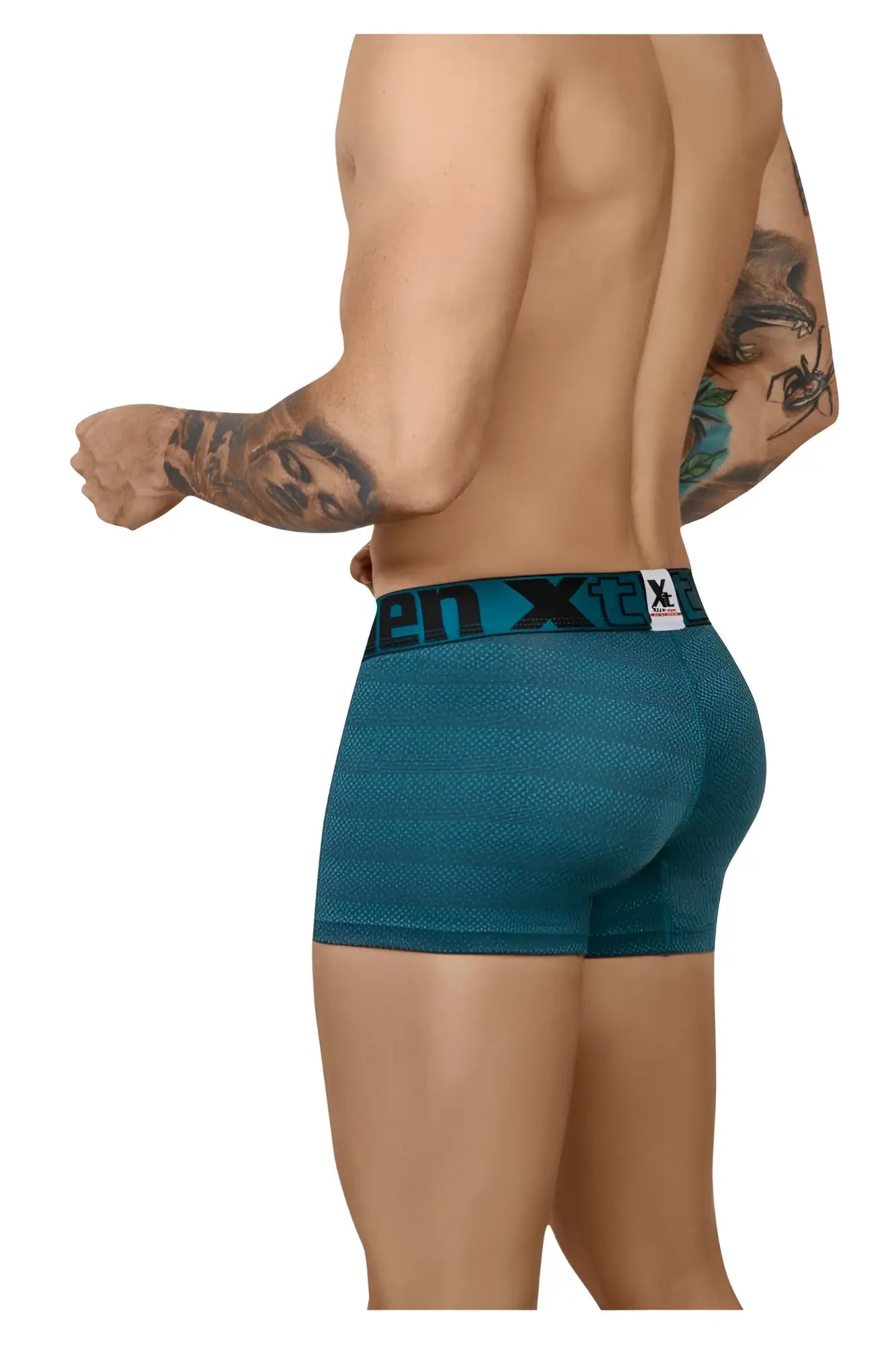 Teal textured men’s boxer briefs with geometric jacquard fabric and black xtreme logo waistband color petrol