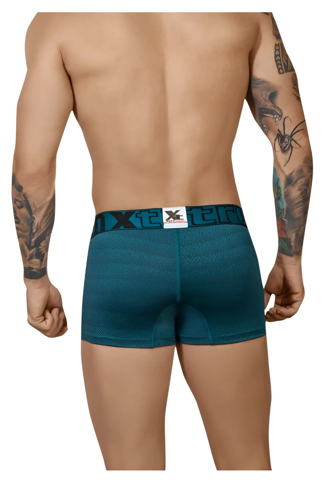Teal textured men’s boxer briefs with geometric jacquard fabric and black waistband featuring x logo by Xtremen