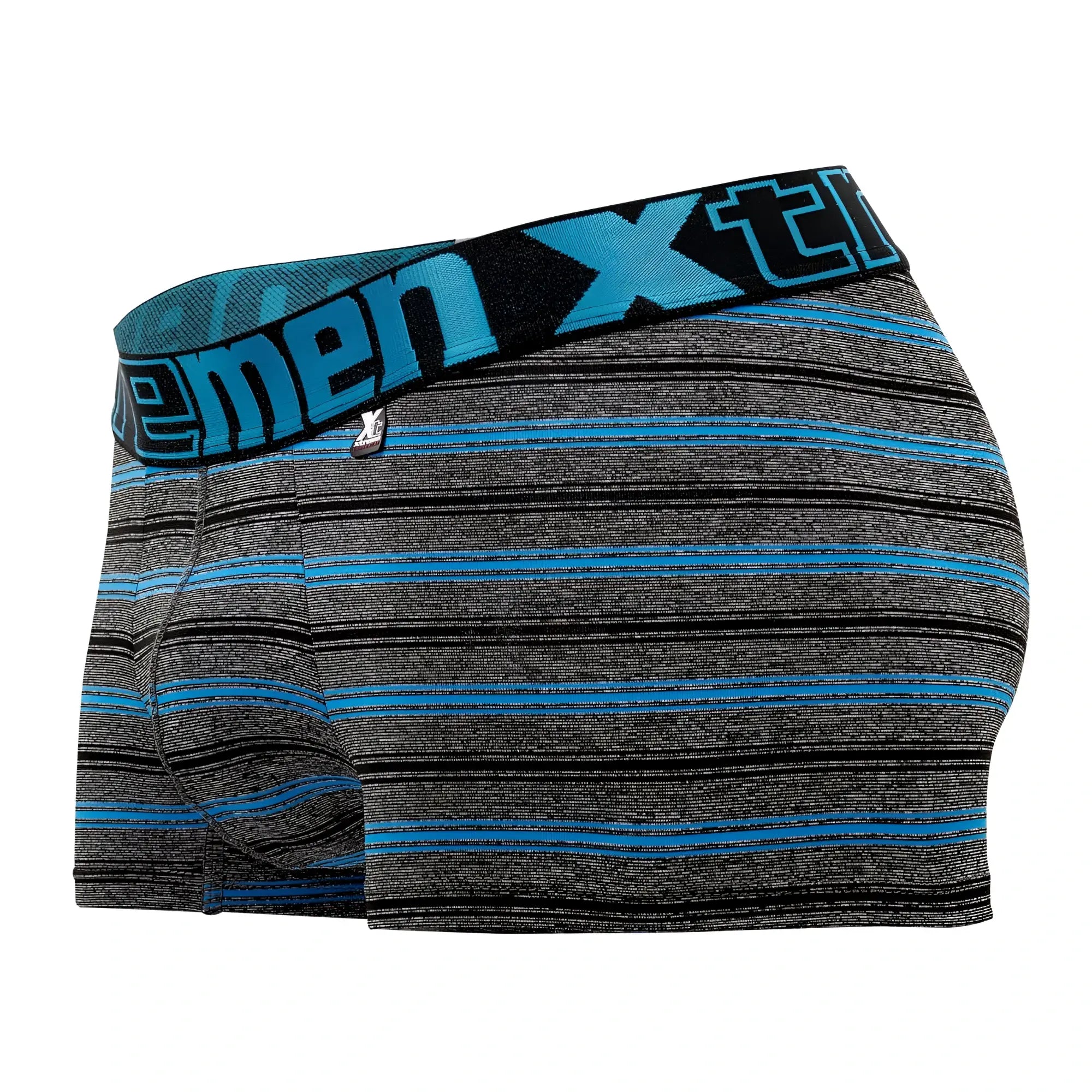 Xtremen 51453c stripes trunk men’s boxer briefs in turquoise with blue and black stripes textured fabric and elastic waistband