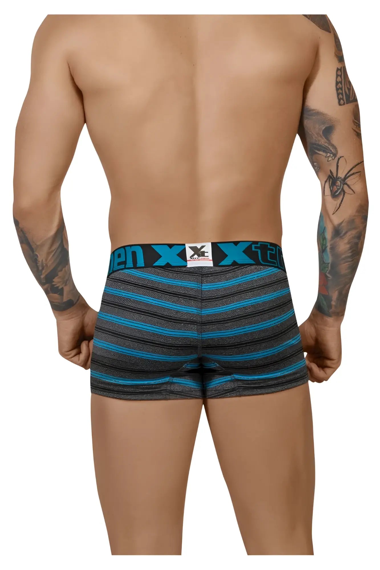 Xtremen 51453c stripes trunk turquoise men’s boxer briefs with blue and gray stripes and branded waistband