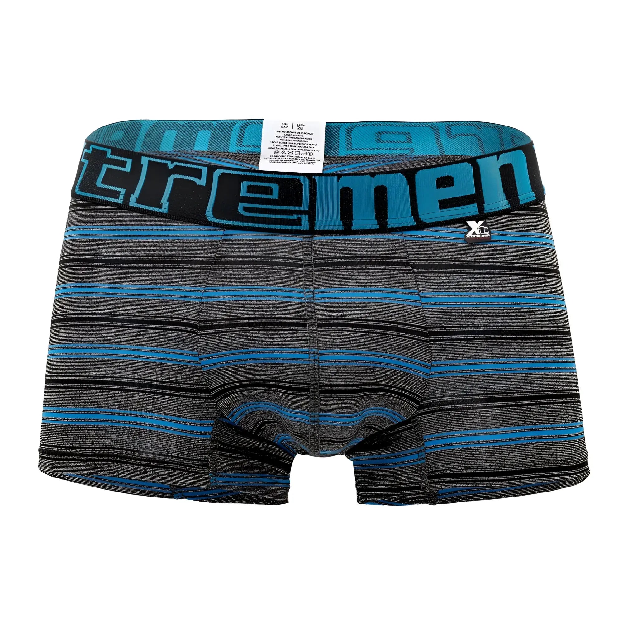 Blue and gray striped xtremen 51453c men’s boxer briefs with black waistband and turquoise tremen branding