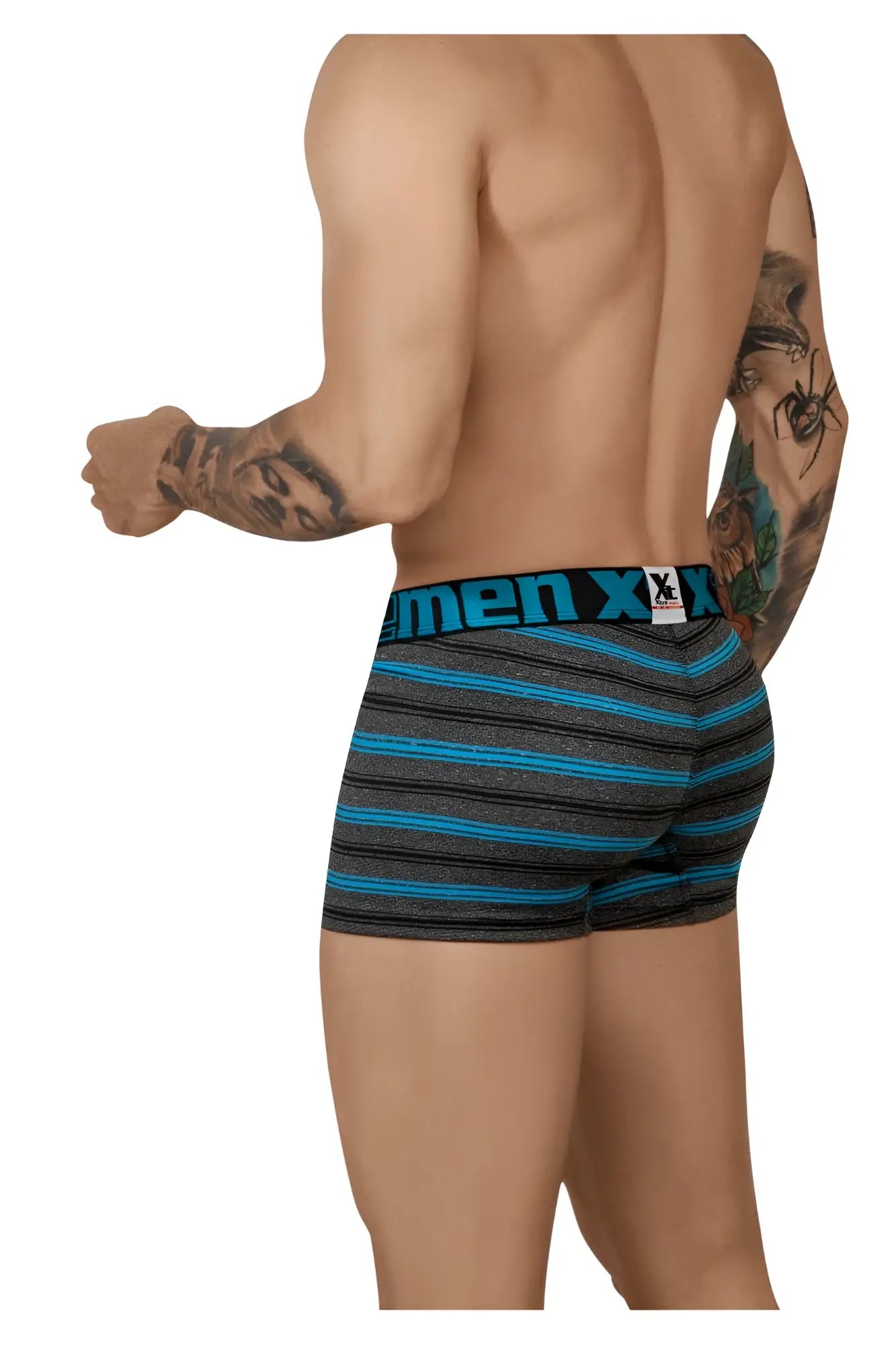 Men’s x men xtremen 51453c stripes trunk boxer briefs in turquoise with black and blue horizontal stripes