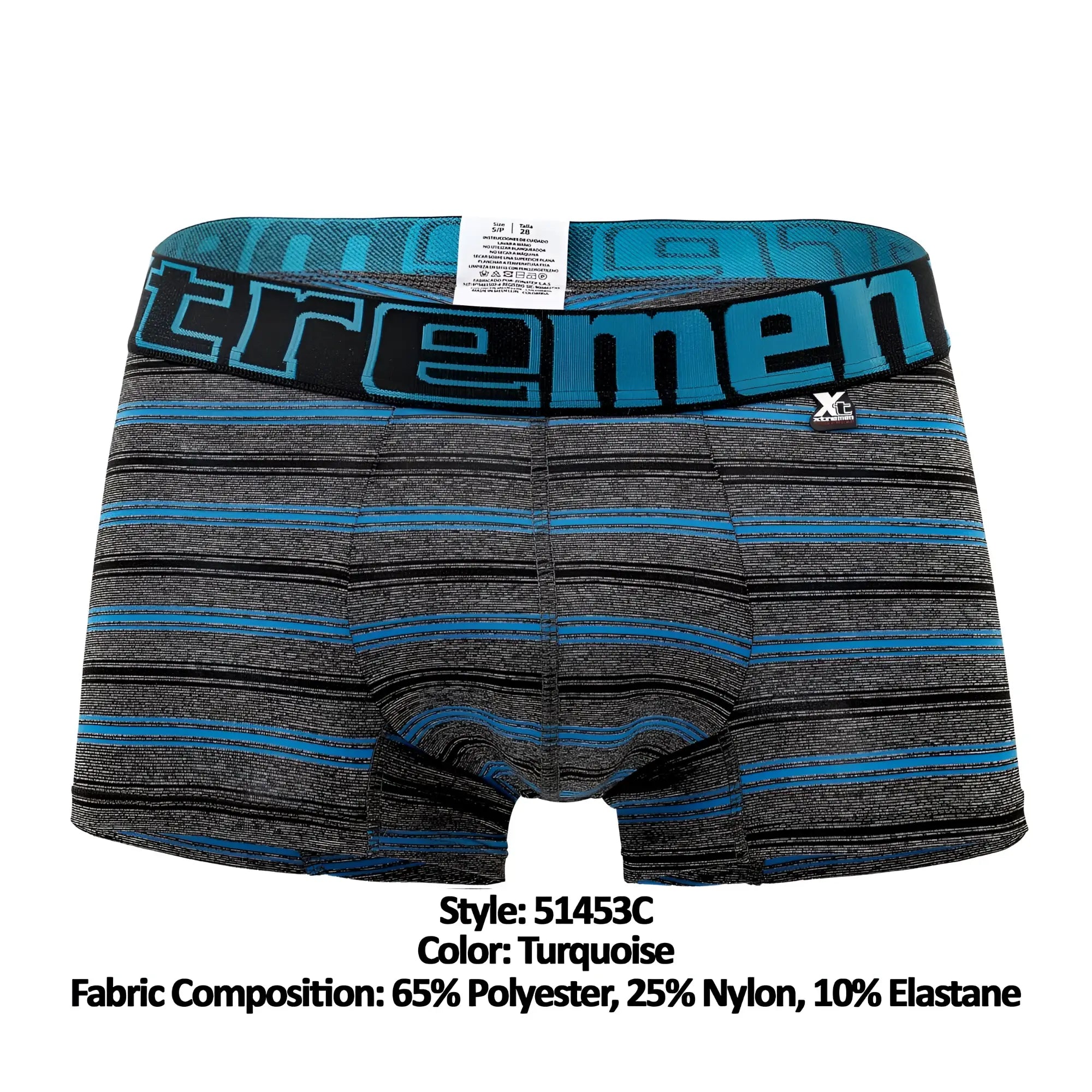 Turquoise striped men’s boxer briefs with a black waistband featuring the xtremen brand name in bold blue lettering