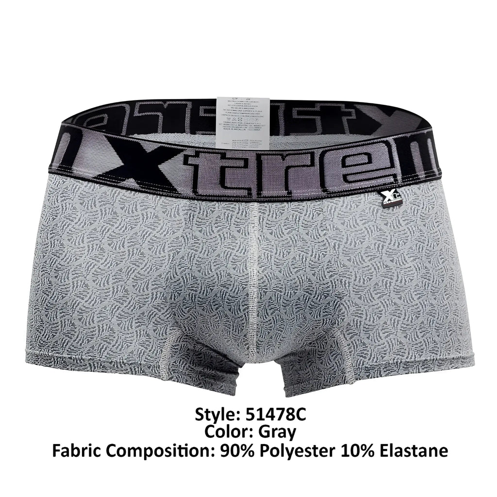 Gray microfiber jacquard boxer briefs with subtle black pattern and bold xtreme waistband featuring brand logo