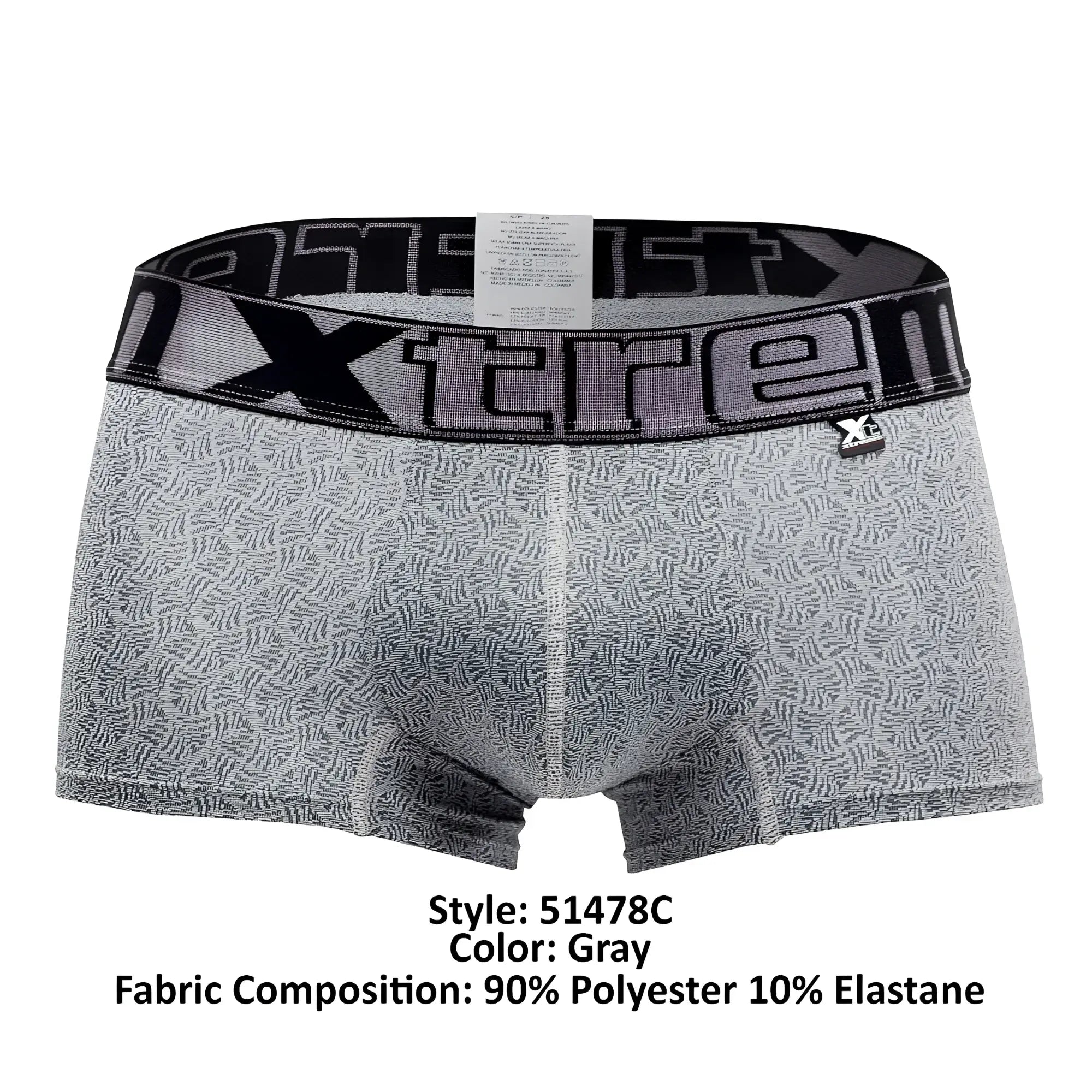 Gray microfiber jacquard boxer briefs with subtle black pattern and bold xtreme waistband featuring brand logo