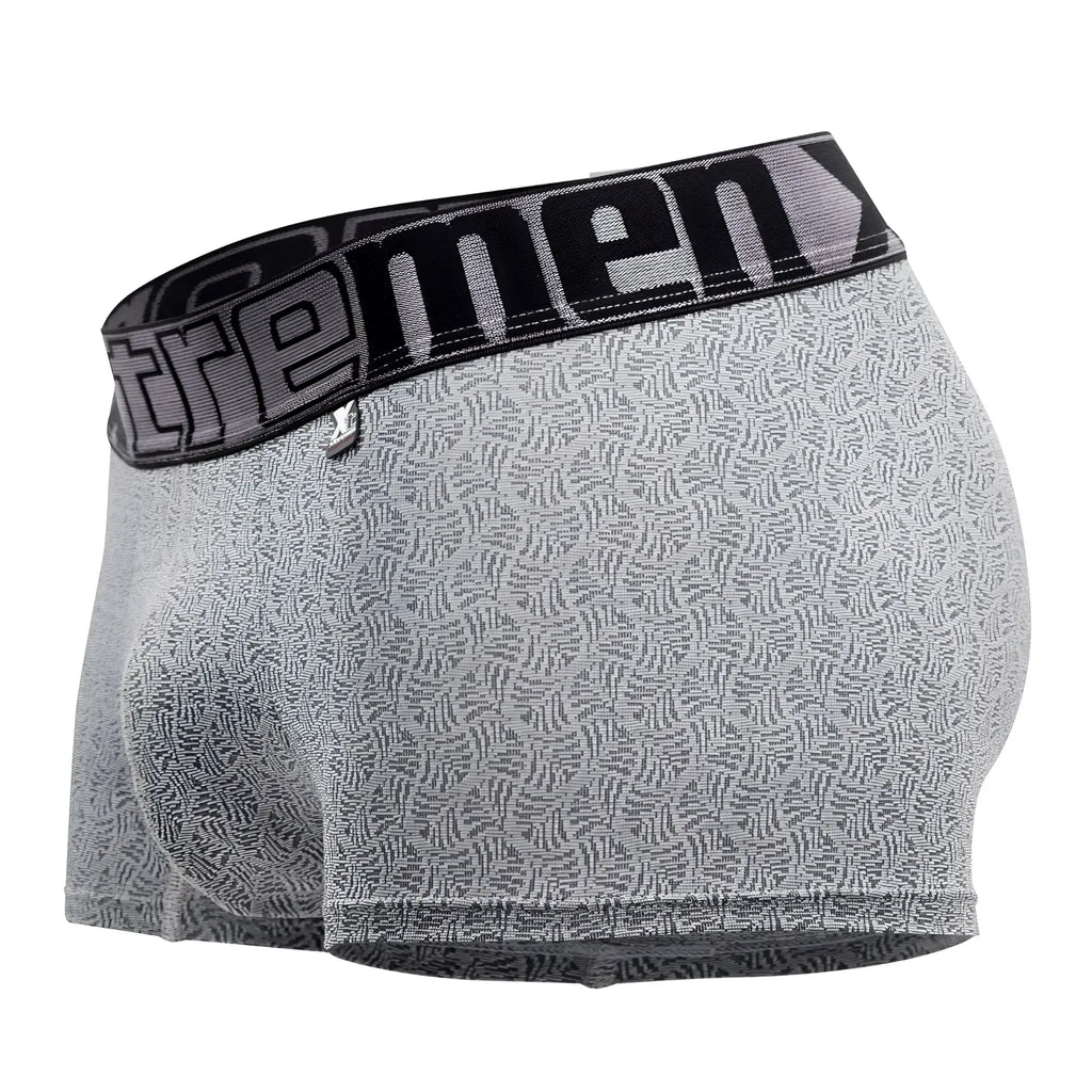 Gray xtremen 51478c microfiber jacquard men’s boxer briefs with patterned design and black elastic extreme logo waistband