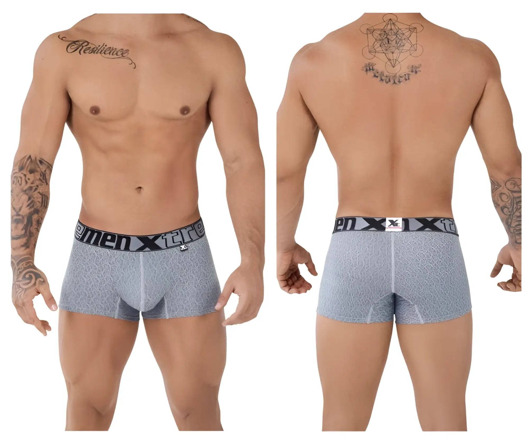 Gray microfiber jacquard menxtreme boxer briefs with black elastic waistband and gray pattern for men