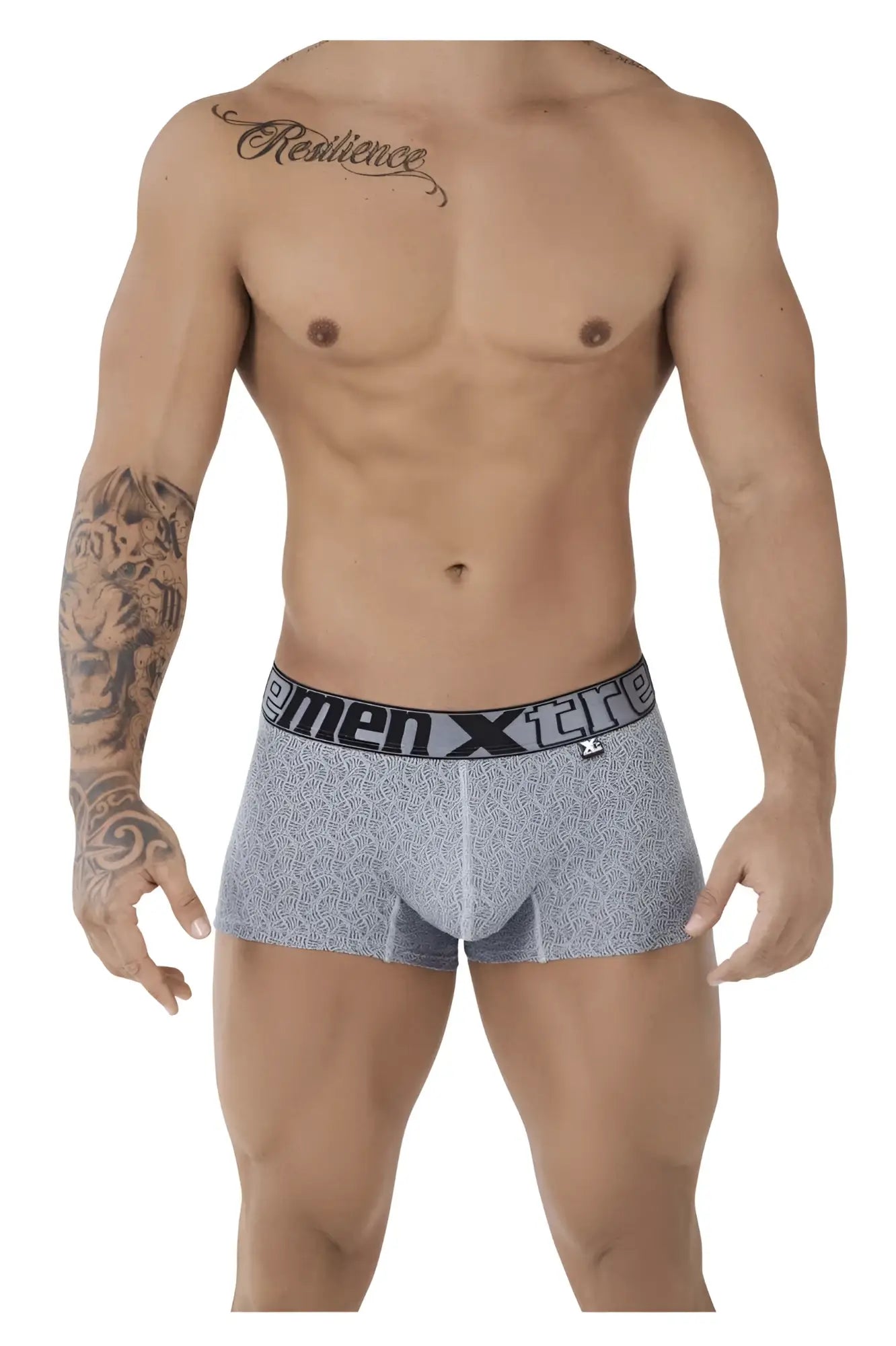 Gray microfiber jacquard men xtre boxer briefs with black waistband and men xtre logo in xtremen 51478c trunks