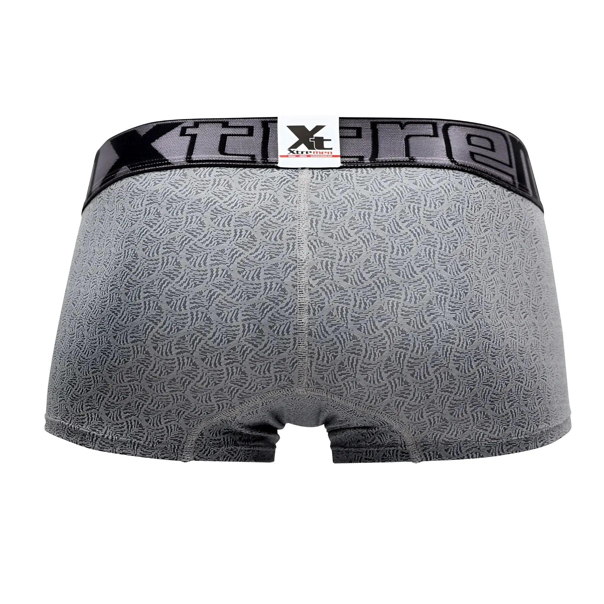 Gray patterned xtremen microfiber jacquard men’s boxer briefs with black elastic waistband and xtreme logo