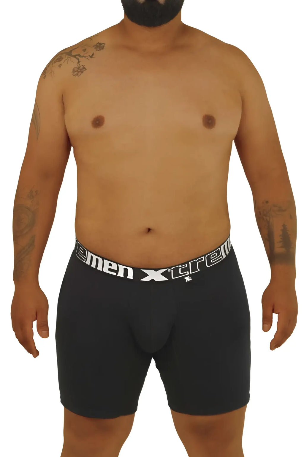 Black men’s boxer briefs with white elastic waistband featuring xtremen logo from Xtremen 70001 Plus collection