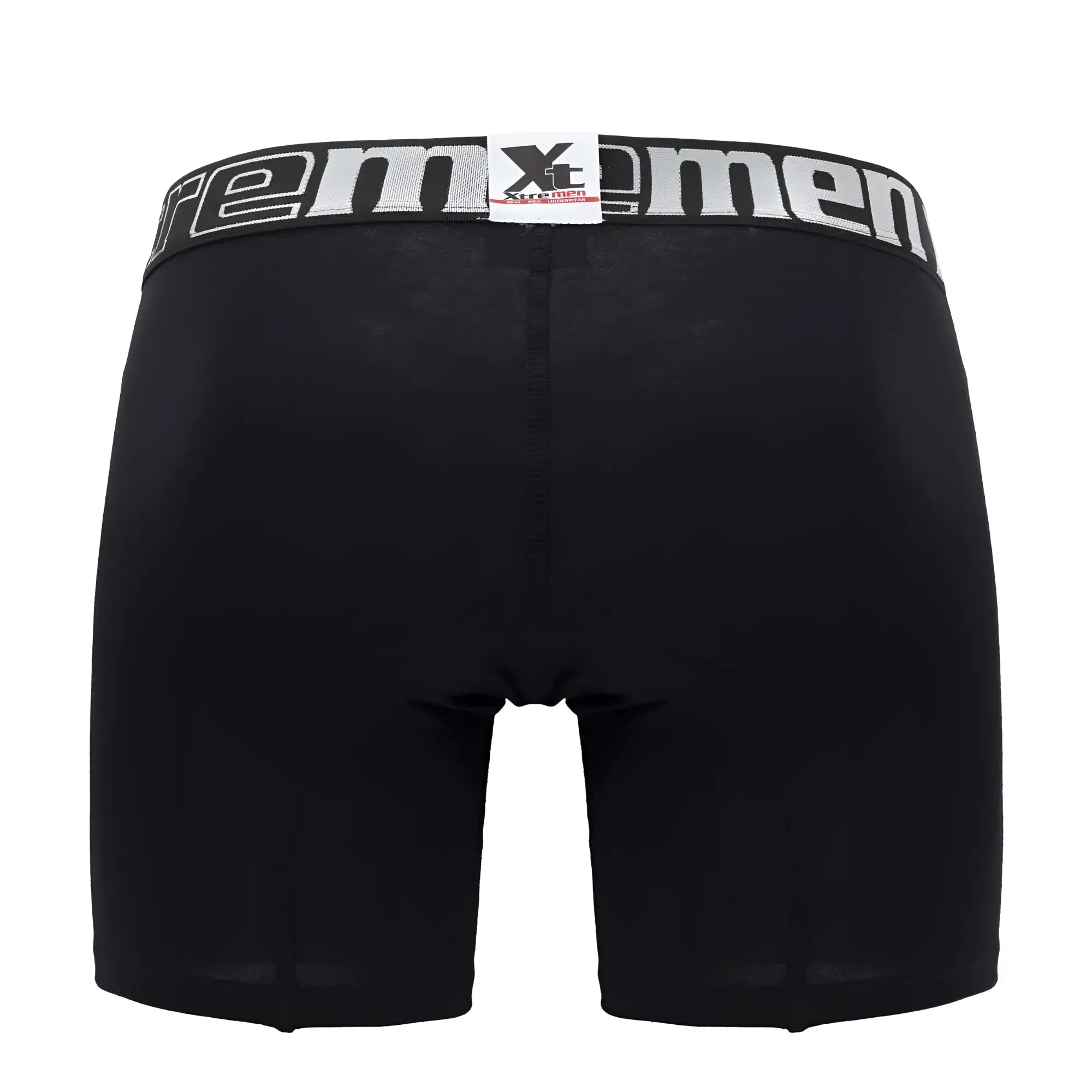 Black xtremen 70001 plus boxer briefs with white and gray elastic waistband featuring the brand logo
