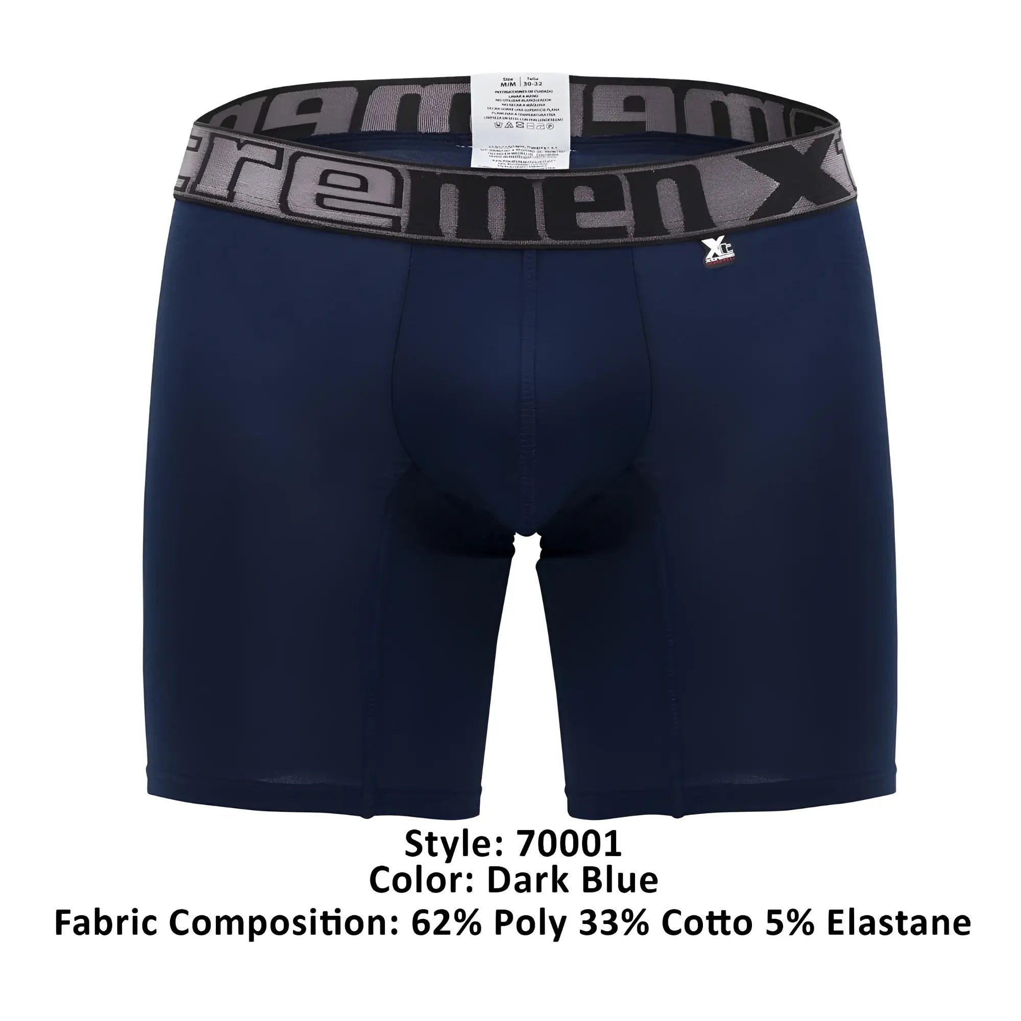 Dark blue men’s boxer briefs with gray and black elastic waistband featuring xtreme men x logo xtremen 70001 plus