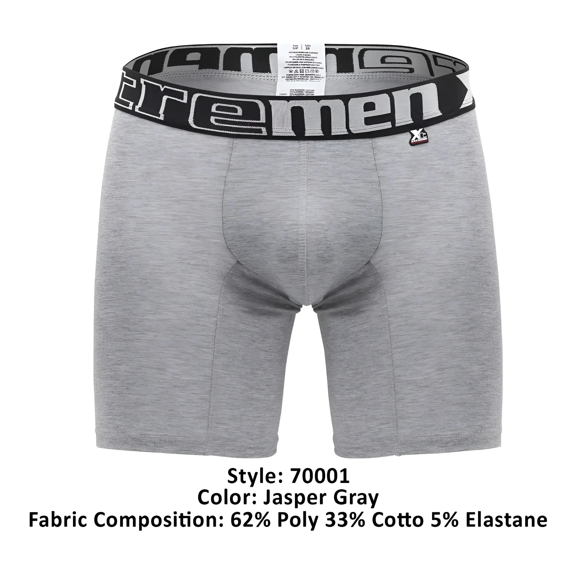 Gray heathered boxer briefs xtremen 70001 plus with black elastic waistband and extreme men logo in white lettering