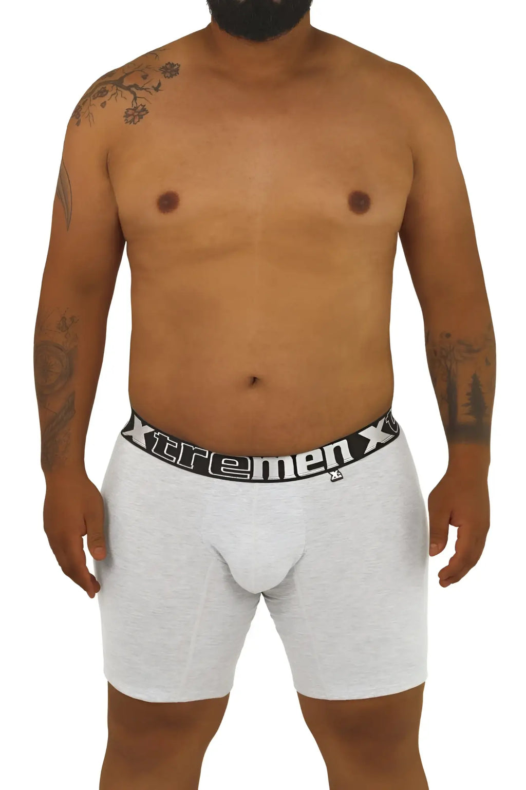 Gray heathered boxer briefs with a black xtremen x logo waistband from the Xtremen 70001 Plus collection