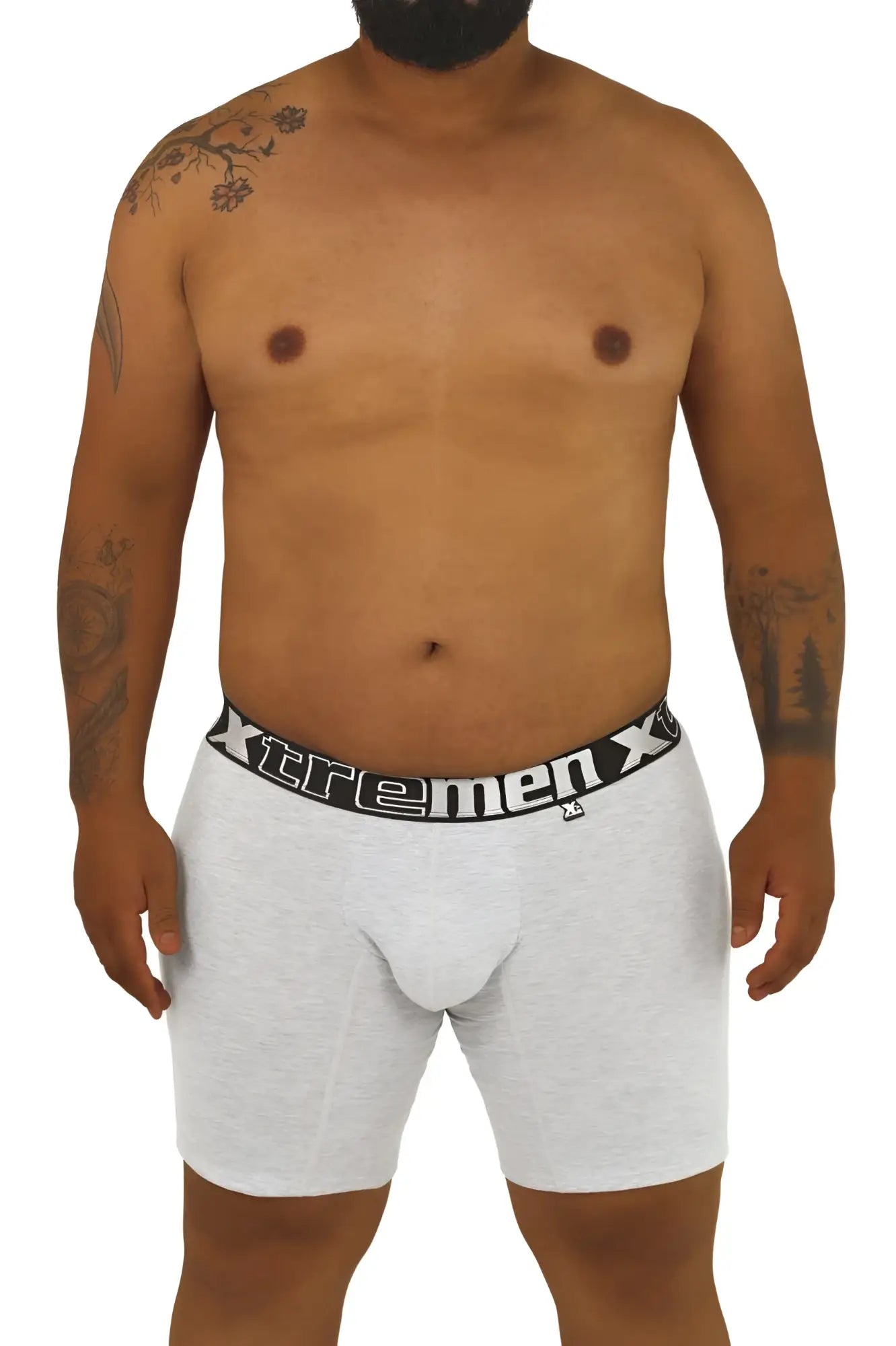 Gray heathered boxer briefs with a black xtremen x logo waistband from the Xtremen 70001 Plus collection
