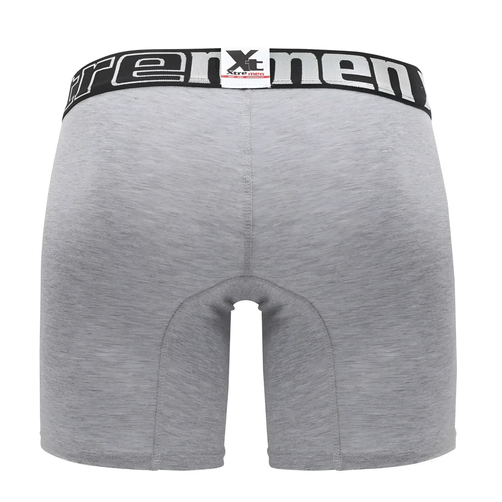Gray heathered boxer briefs with black elastic waistband featuring white xtreme branding and xtreme tissues logo tag