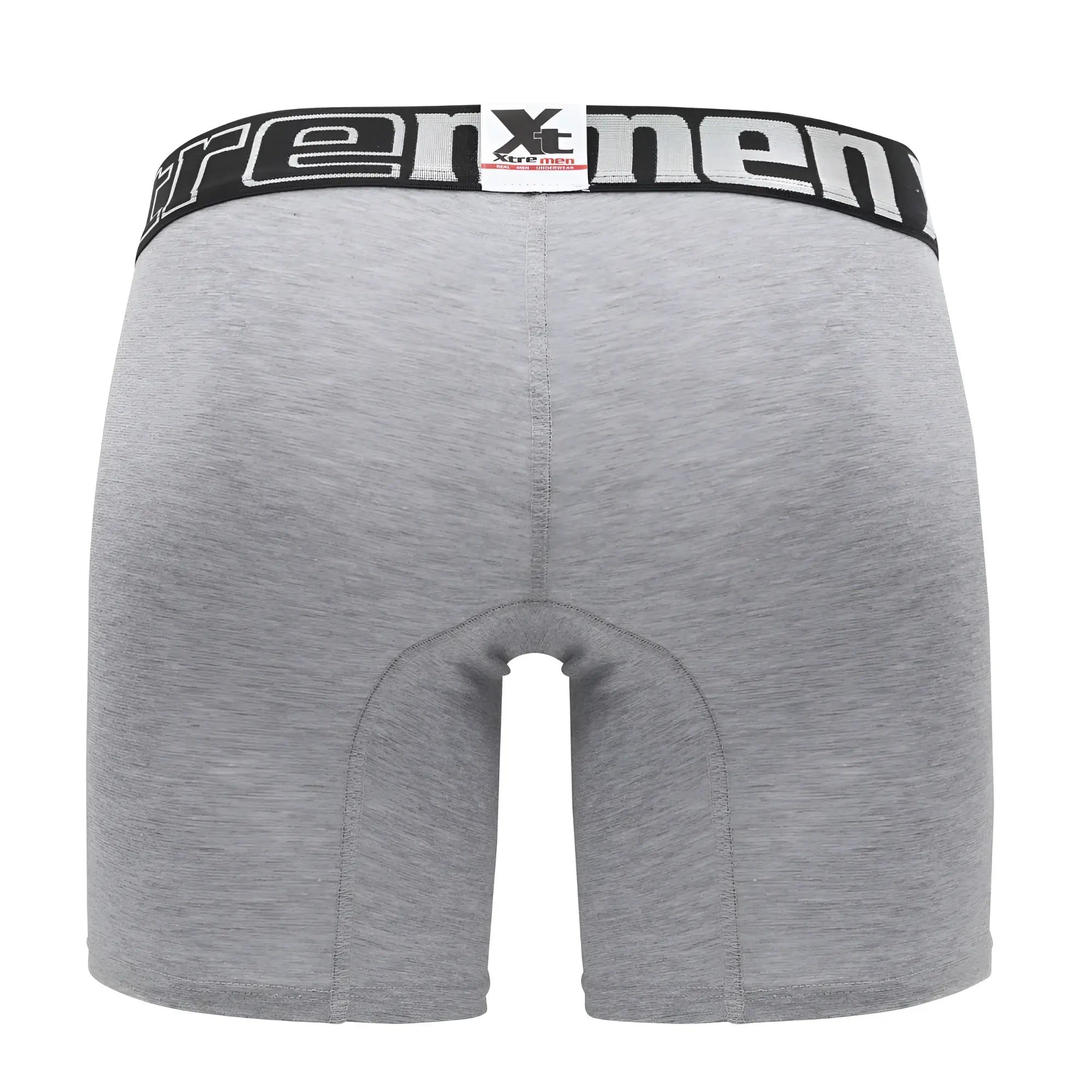 Gray heathered boxer briefs with black elastic waistband featuring white xtreme branding and xtreme tissues logo tag
