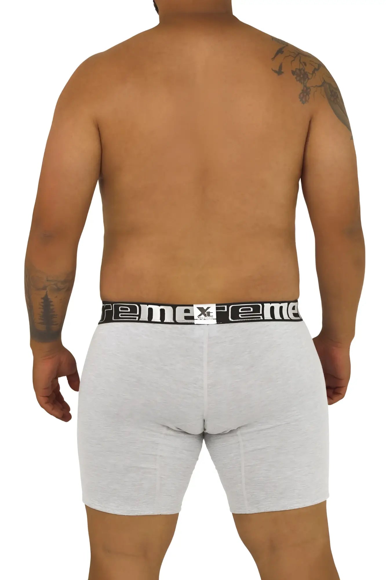 Gray heathered boxer briefs with black elastic waistband featuring reme brand name from Xtremen 70001 Plus collection