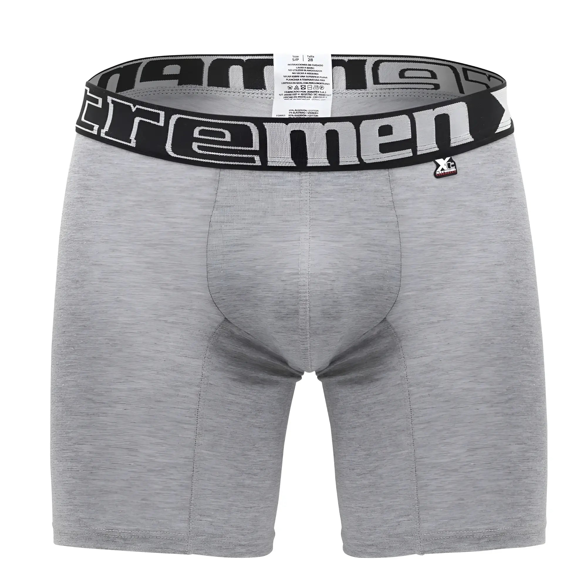 Gray heathered boxer briefs with black elastic waistband and white extreme men lettering xl logo xtremen 70001 plus model