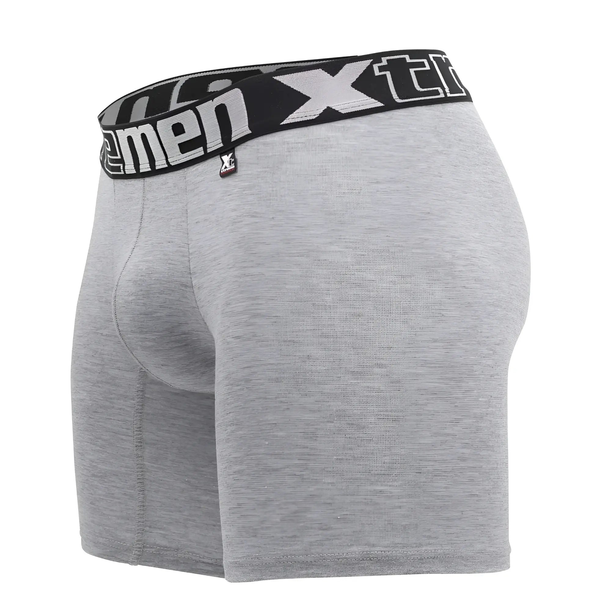Gray heathered men’s boxer briefs xtremen 70001 plus with black elastic waistband and white xtreme branding