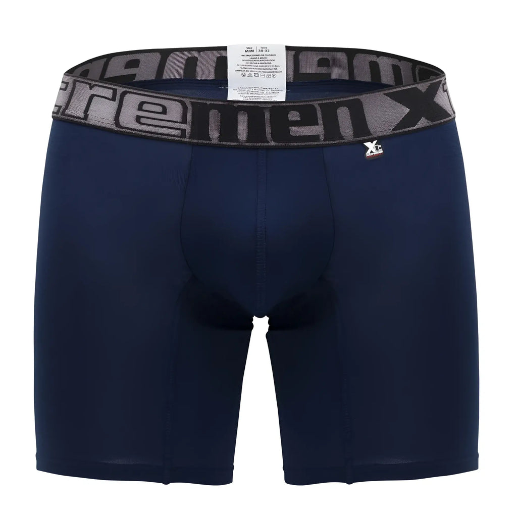 Navy blue men’s boxer briefs with gray and black elastic waistband featuring xc logo xtremen 70001 plus model