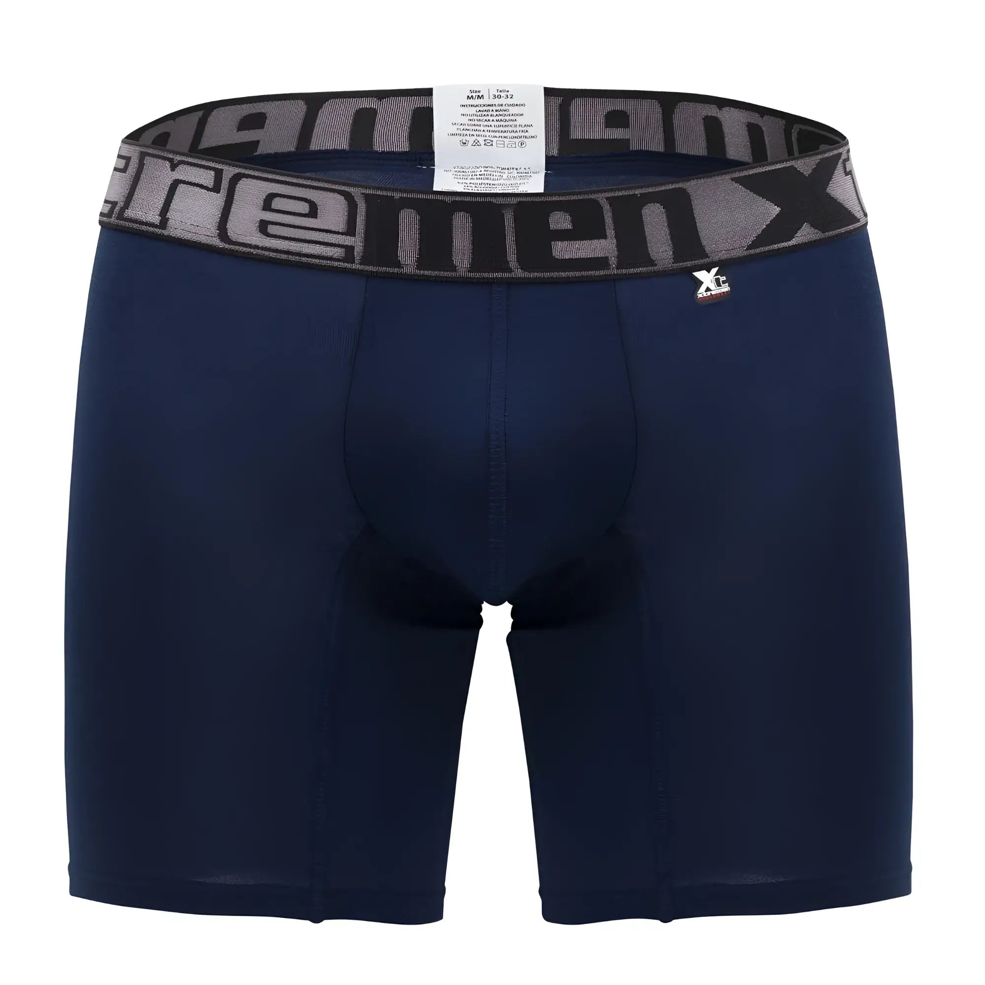 Navy blue men’s boxer briefs with gray and black elastic waistband featuring xc logo xtremen 70001 plus model