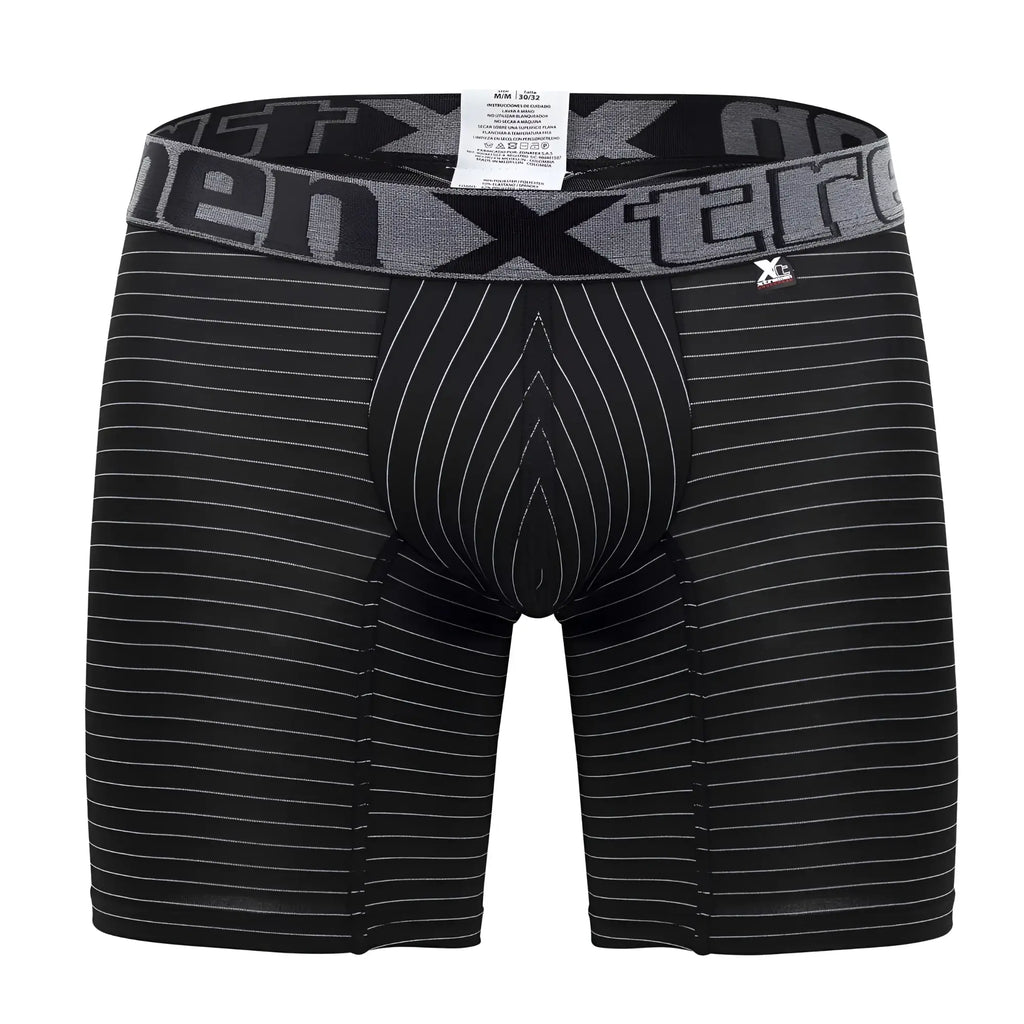 Black men’s Xtremen 70004 Plus boxer briefs with white pinstripes and gray elastic waistband featuring xtreme logo