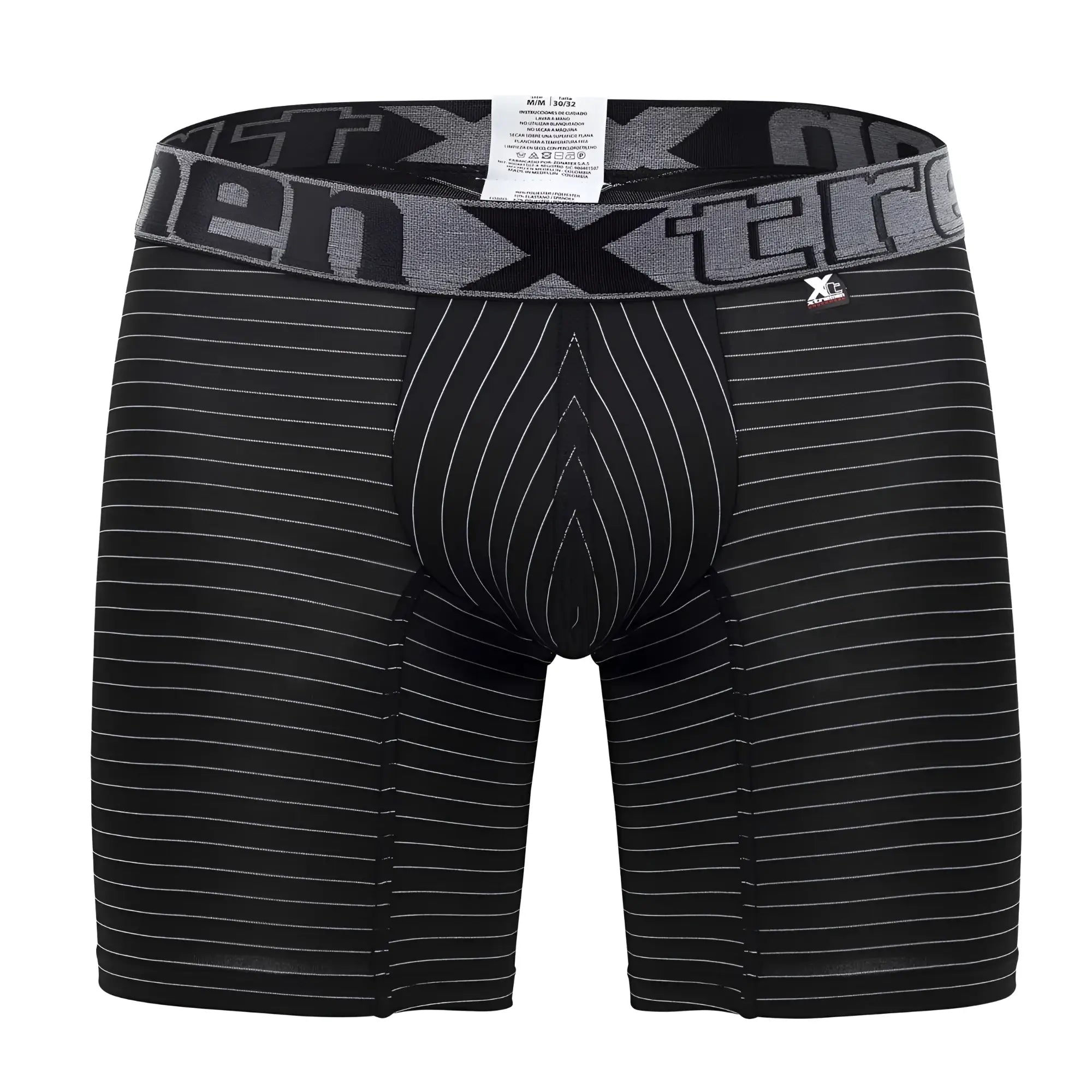 Black men’s Xtremen 70004 Plus boxer briefs with white pinstripes and gray elastic waistband featuring xtreme logo