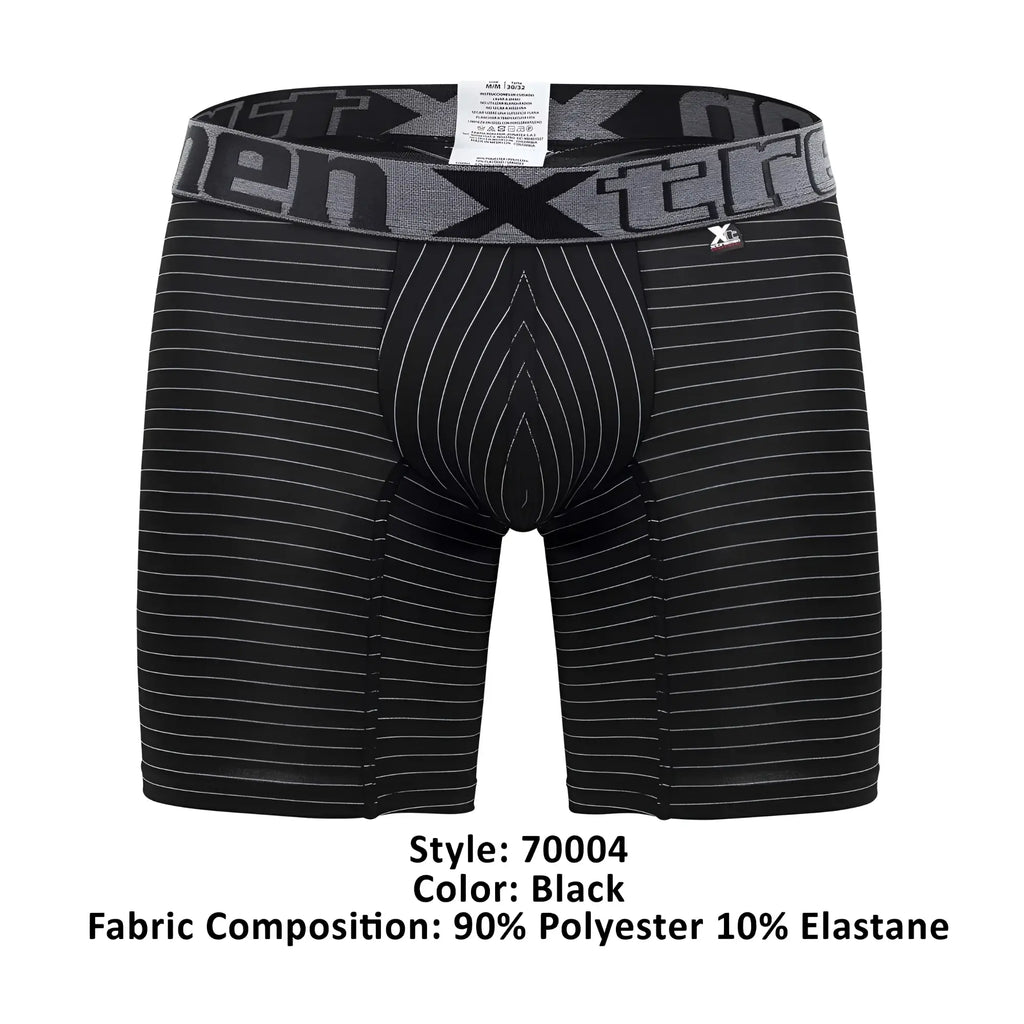 Black men’s boxer briefs xtremen 70004 plus with thin white vertical stripes and gray elastic waistband with xtreme logo