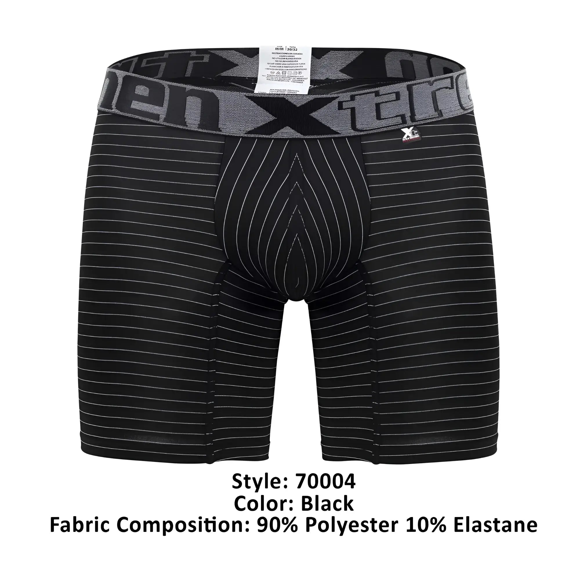 Black men’s boxer briefs xtremen 70004 plus with thin white vertical stripes and gray elastic waistband with xtreme logo