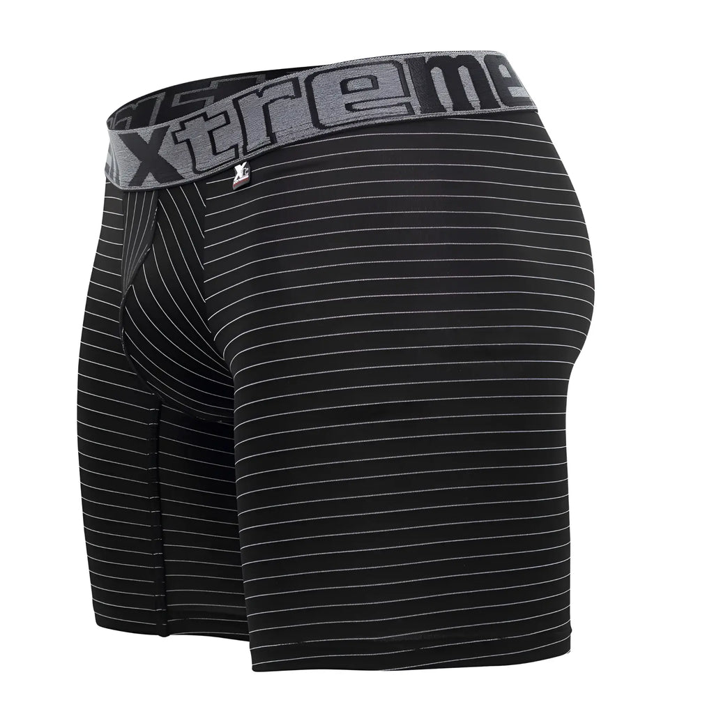 Xtremen 70004 Plus black and white striped boxer briefs with gray elastic waistband and extreme logo