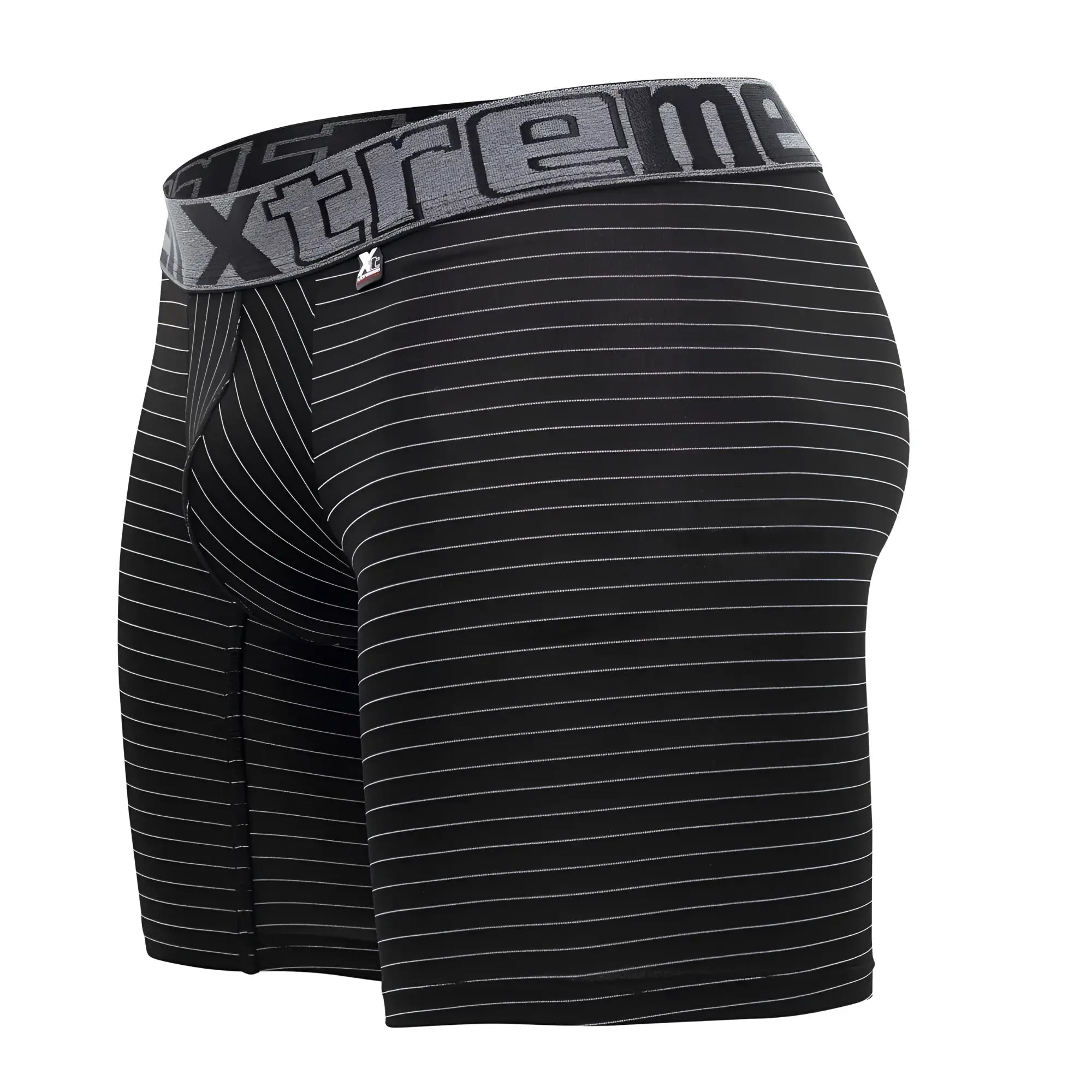 Xtremen 70004 Plus black and white striped boxer briefs with gray elastic waistband and extreme logo