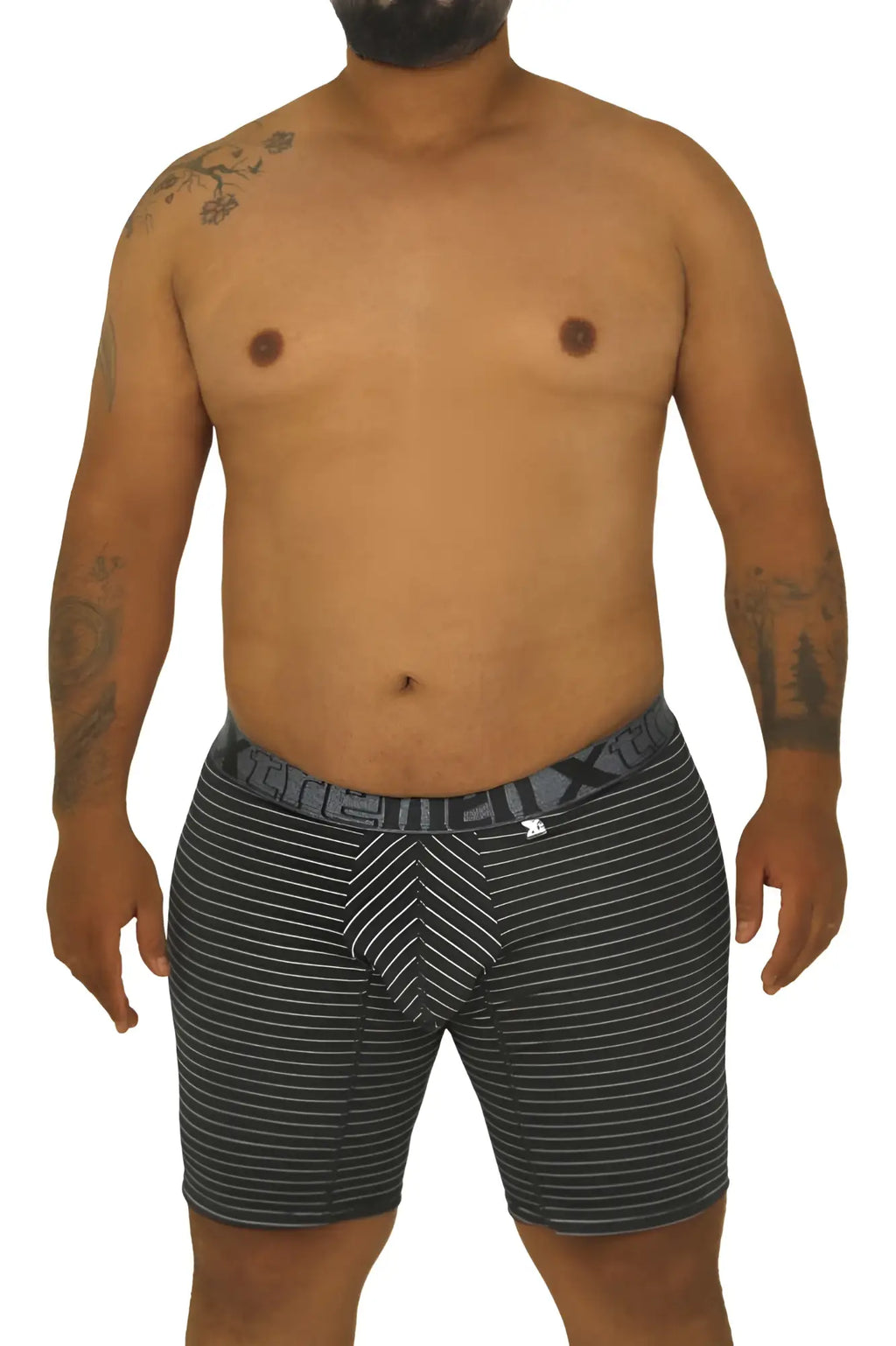 Xtremen 70004 plus black and white striped men’s boxer briefs with chevron pattern on front for comfortable wear