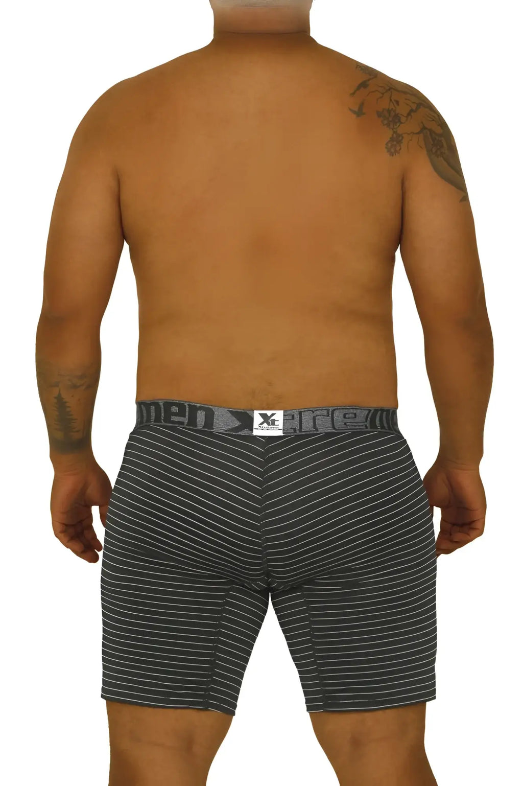 Black and white striped men’s boxer briefs with gray elastic waistband and x-ante logo xtremen 70004 plus model