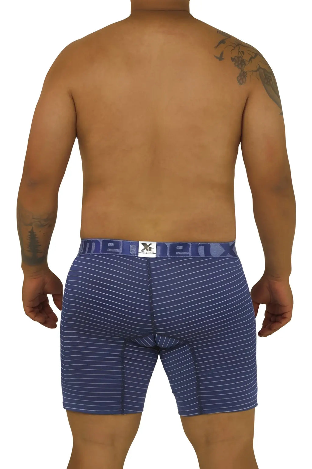Blue striped men’s boxer briefs xtremen 70004 plus with white logo waistband made from breathable fabric