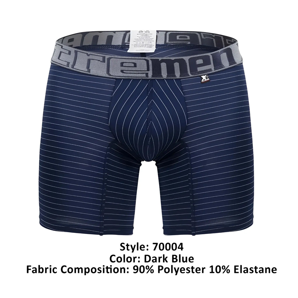 Dark blue xtremen 70004 plus boxer briefs with fine white pinstripes and gray elastic waistband logo