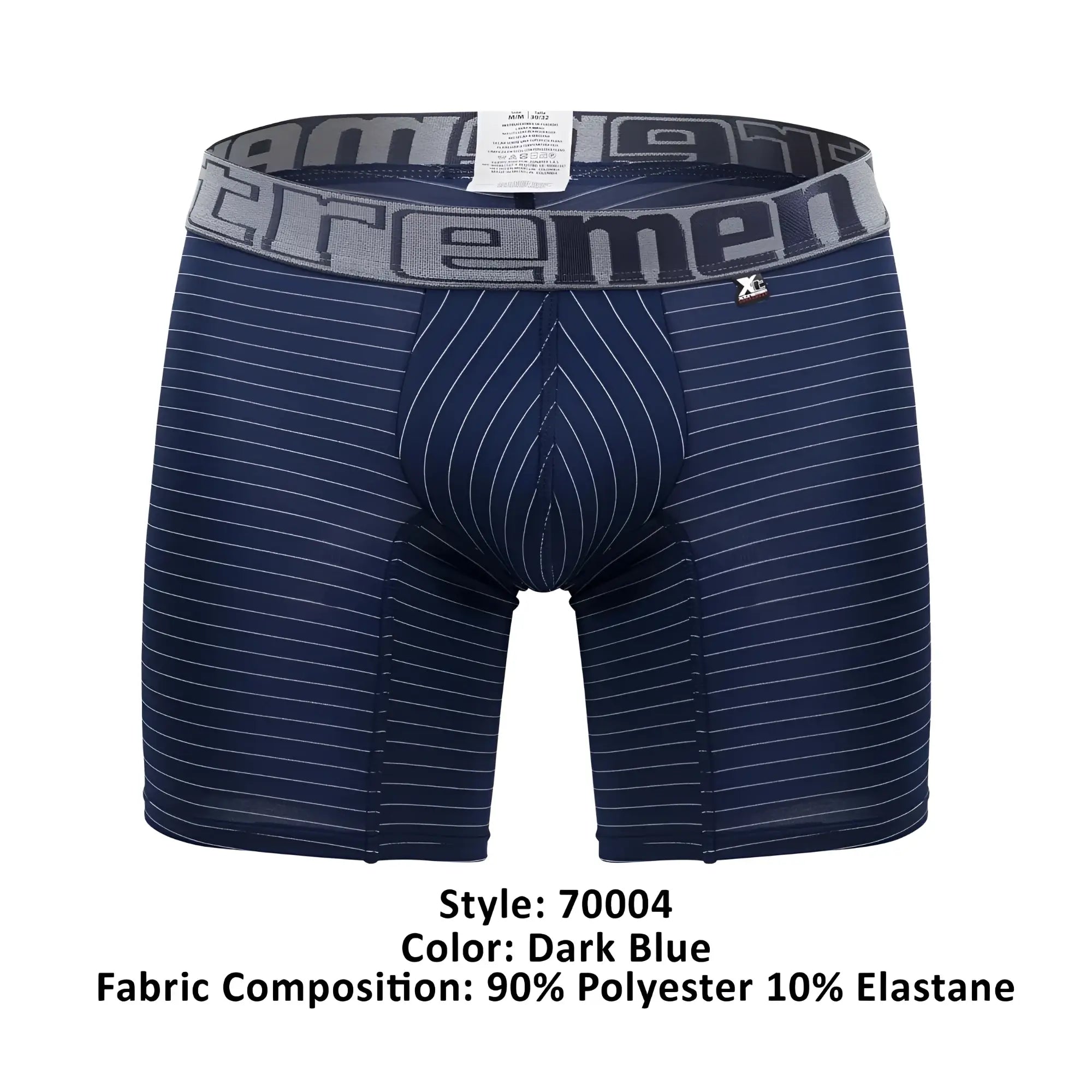Dark blue xtremen 70004 plus boxer briefs with fine white pinstripes and gray elastic waistband logo