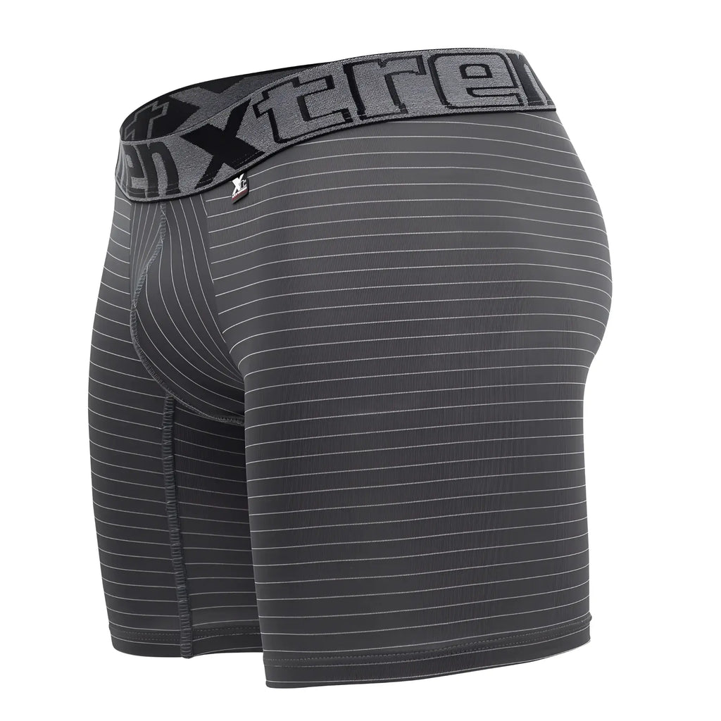 Dark gray xtremen 70004 plus boxer briefs with subtle white stripes and matching elastic waistband with xtreme logo