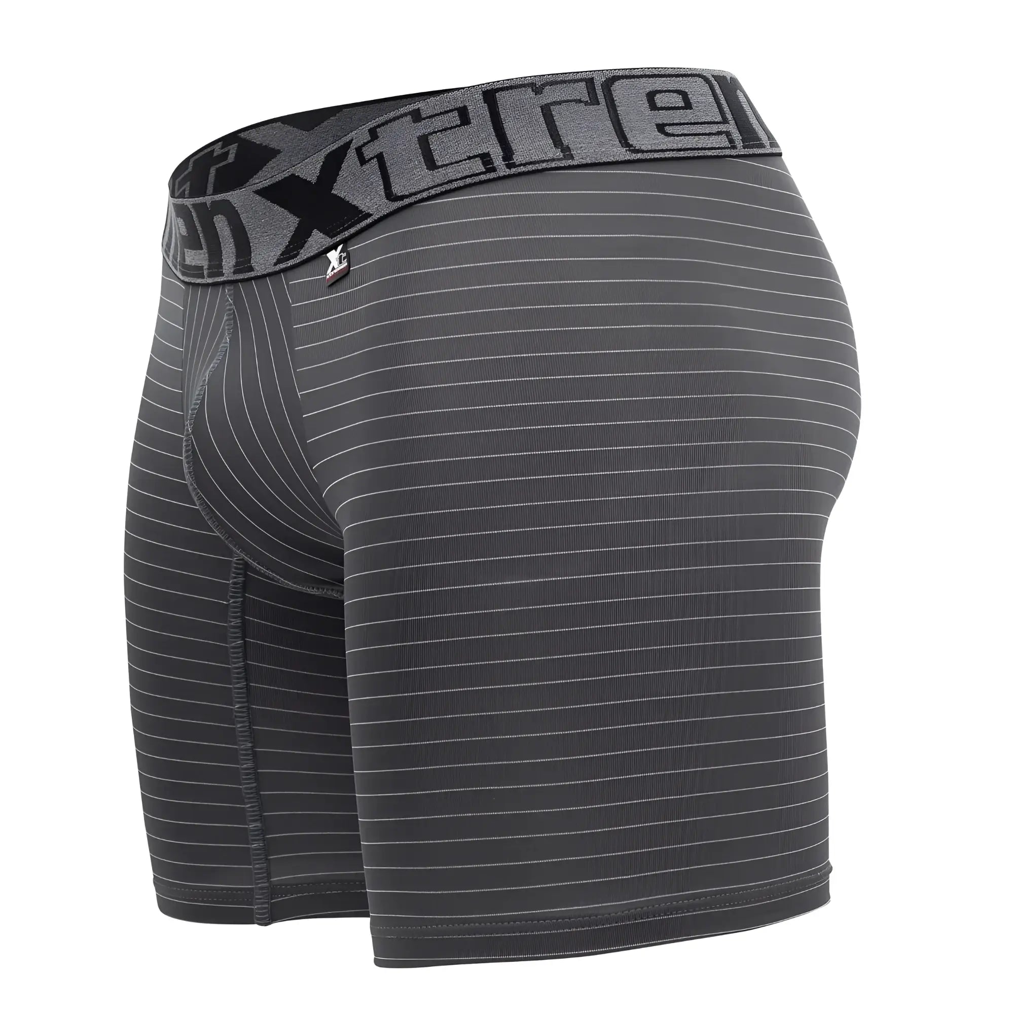 Dark gray xtremen 70004 plus boxer briefs with subtle white stripes and matching elastic waistband with xtreme logo