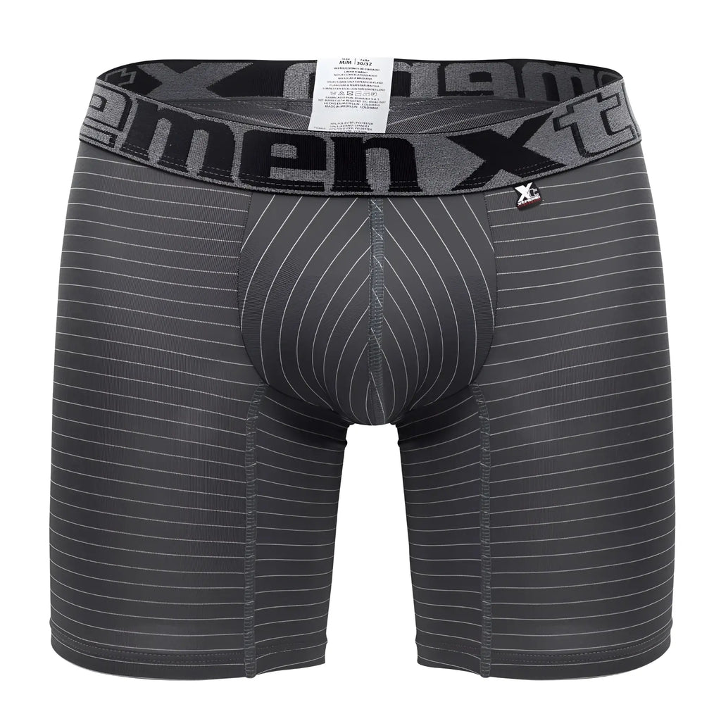 Dark gray men’s boxer briefs with white pinstripes and x-men xt logo waistband xtremen 70004 plus model