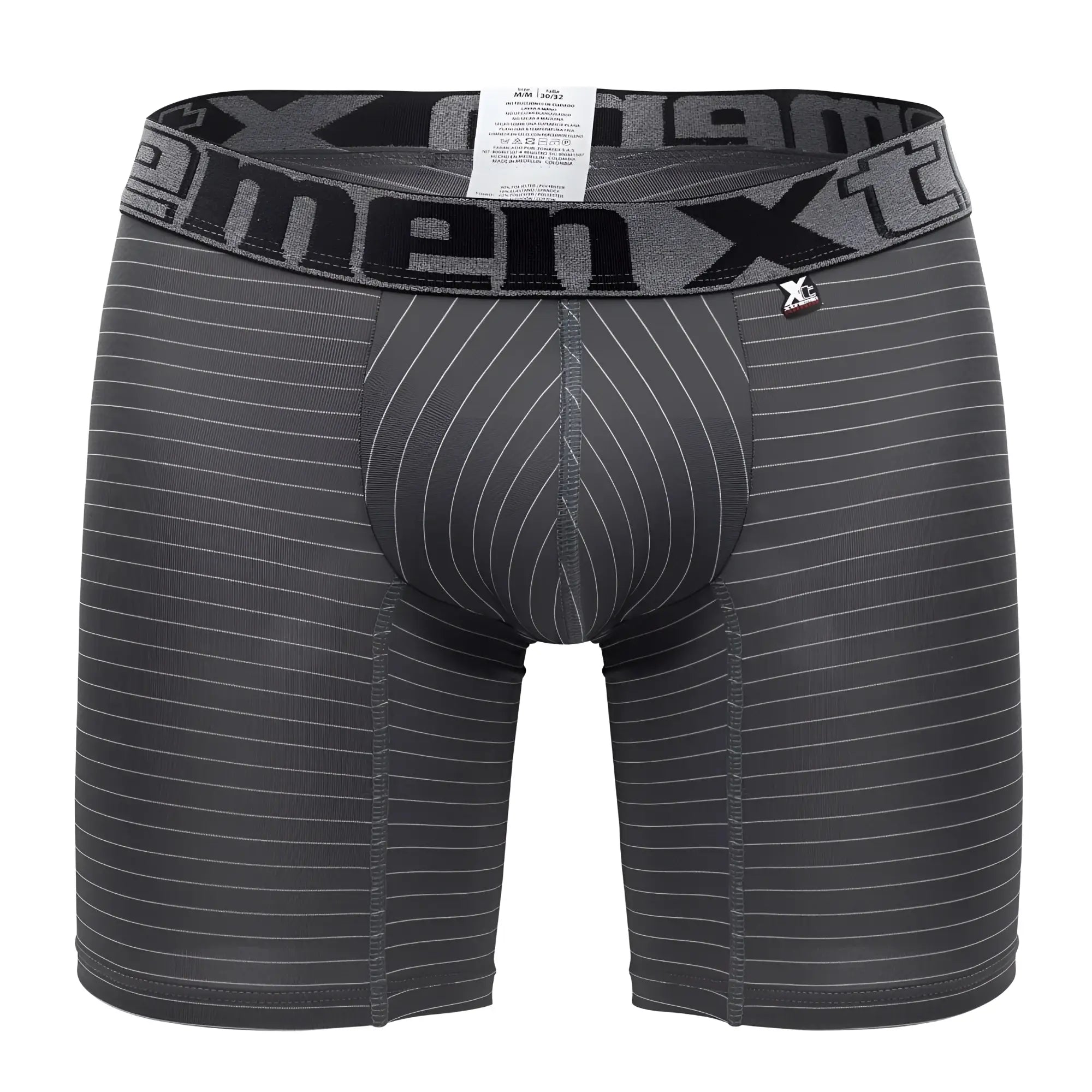 Dark gray men’s boxer briefs with white pinstripes and x-men xt logo waistband xtremen 70004 plus model