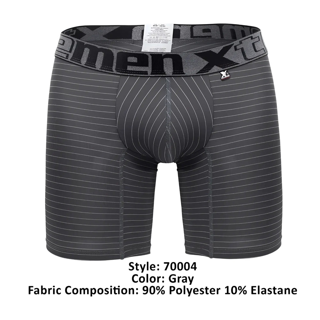 Gray men’s boxer briefs Xtremen 70004 Plus with subtle white pinstripes and branded elastic waistband