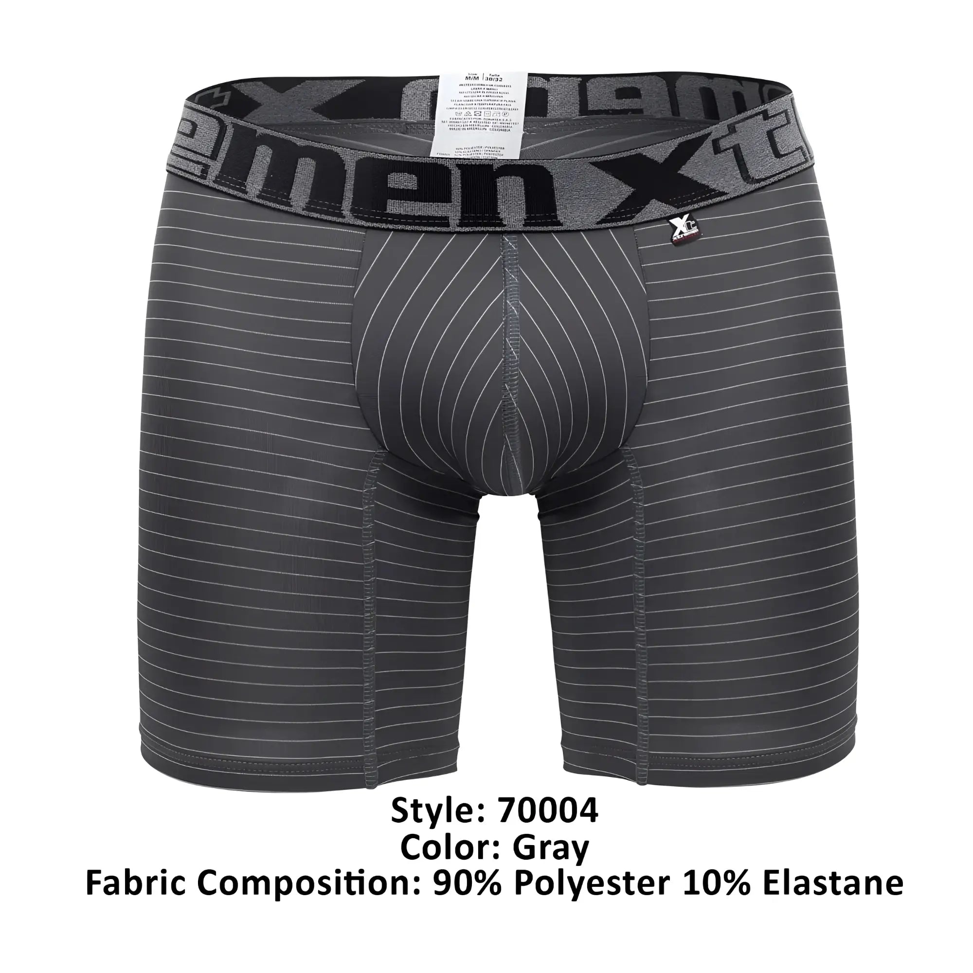 Gray men’s boxer briefs Xtremen 70004 Plus with subtle white pinstripes and branded elastic waistband