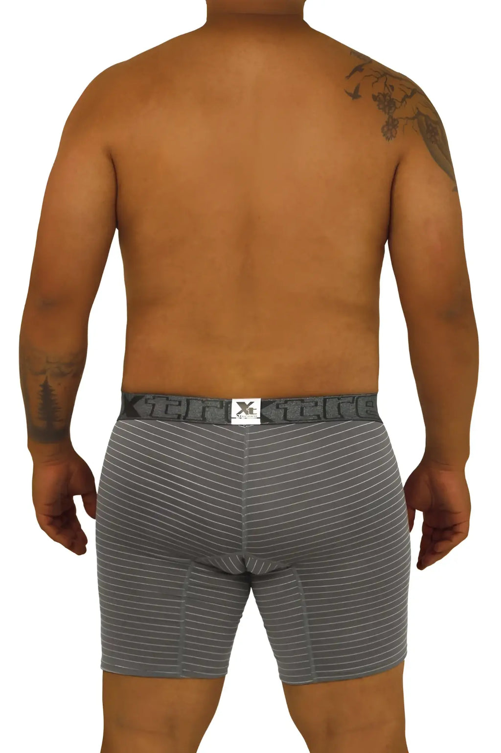 Gray striped boxer briefs with black elastic waistband featuring the xtreme logo from the Xtremen 70004 Plus line