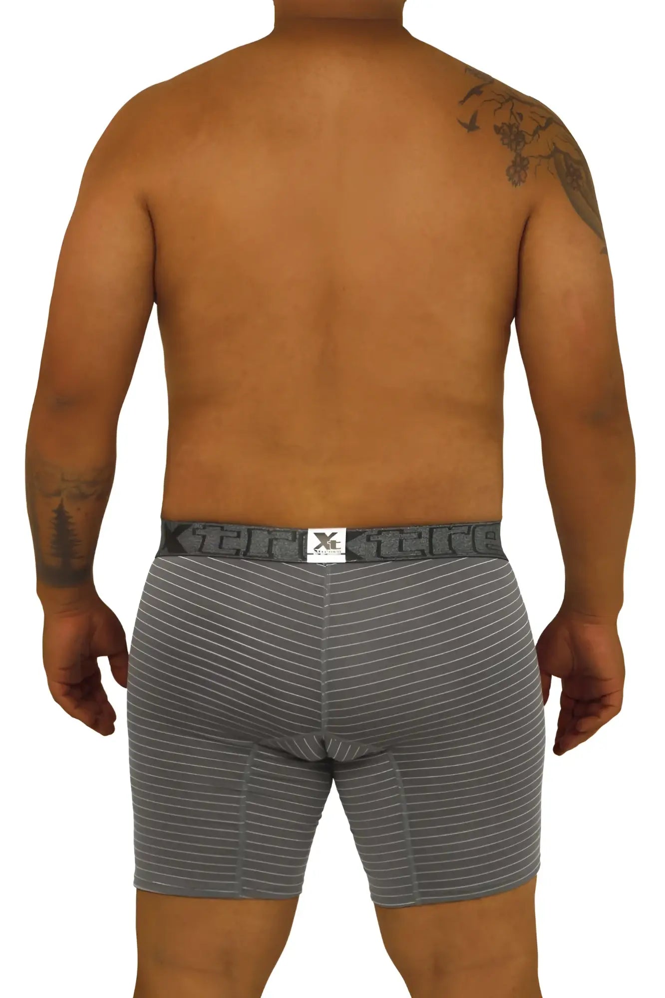 Gray striped boxer briefs with black elastic waistband featuring the xtreme logo from the Xtremen 70004 Plus line