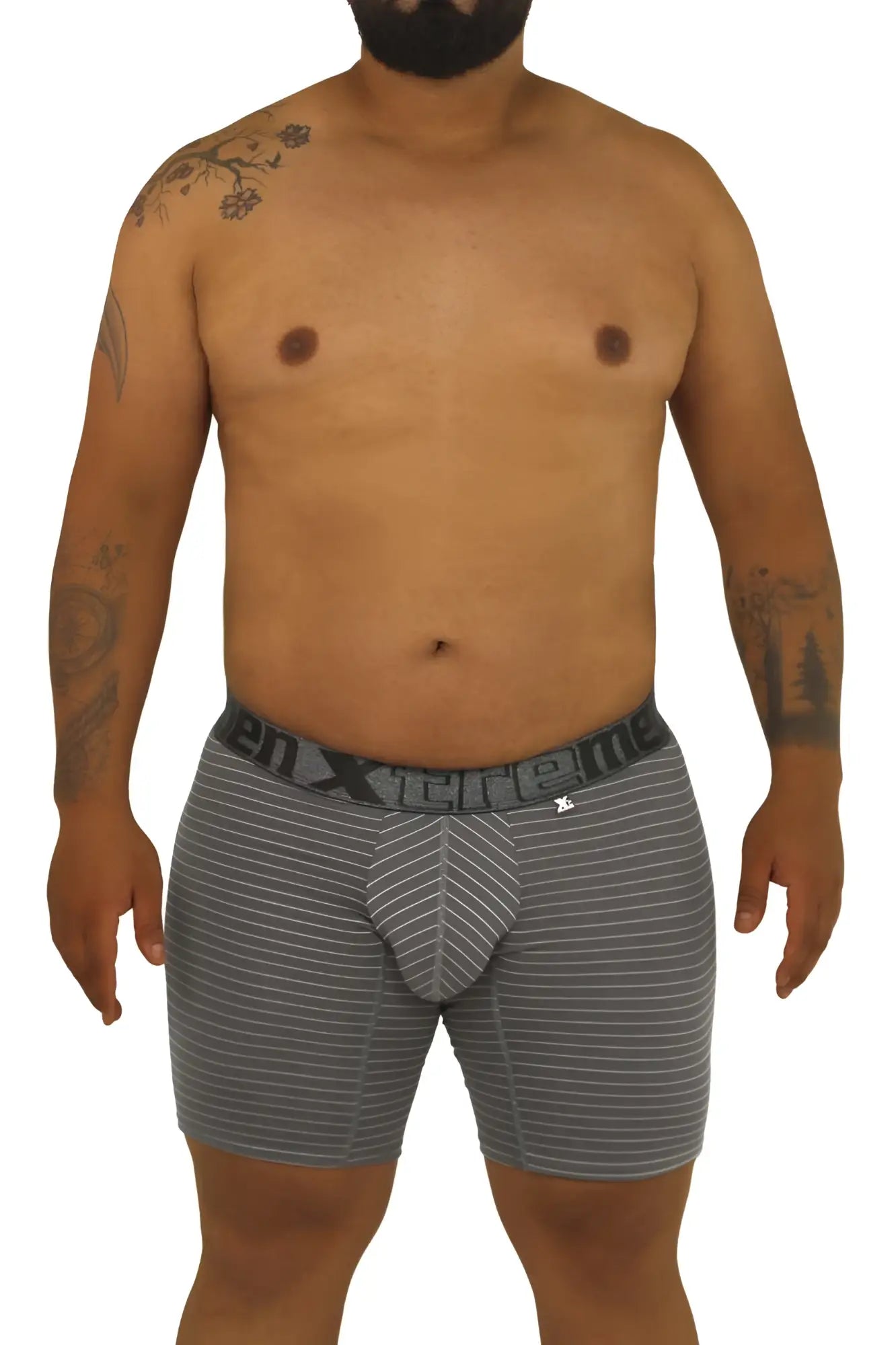 Gray striped xtremen 70004 plus boxer briefs with black elastic waistband featuring xtreme brand name