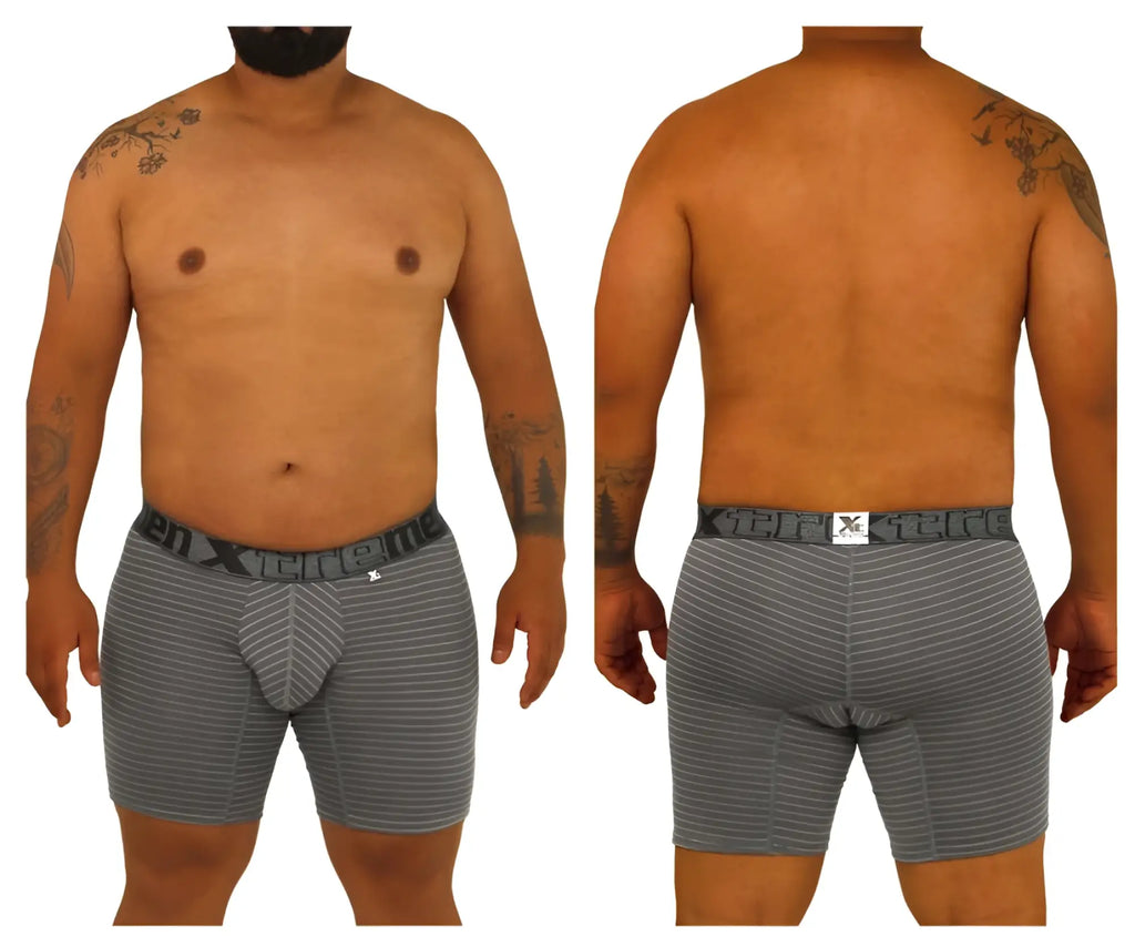 Gray striped men’s boxer briefs with black elastic waistband featuring xtreme brand logo model xtremen 70004 plus