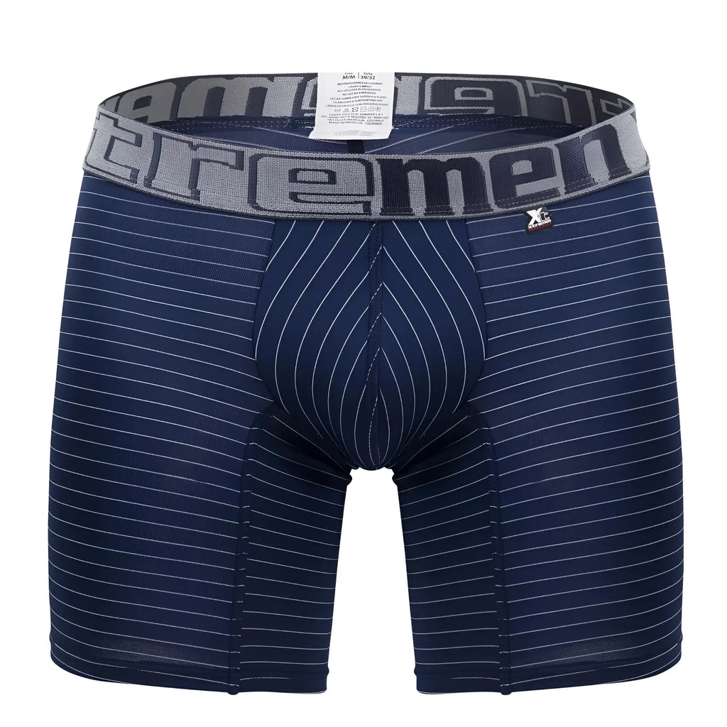 Navy blue boxer briefs with white pinstripes and gray waistband featuring reemen brand from xtremen 70004 plus collection