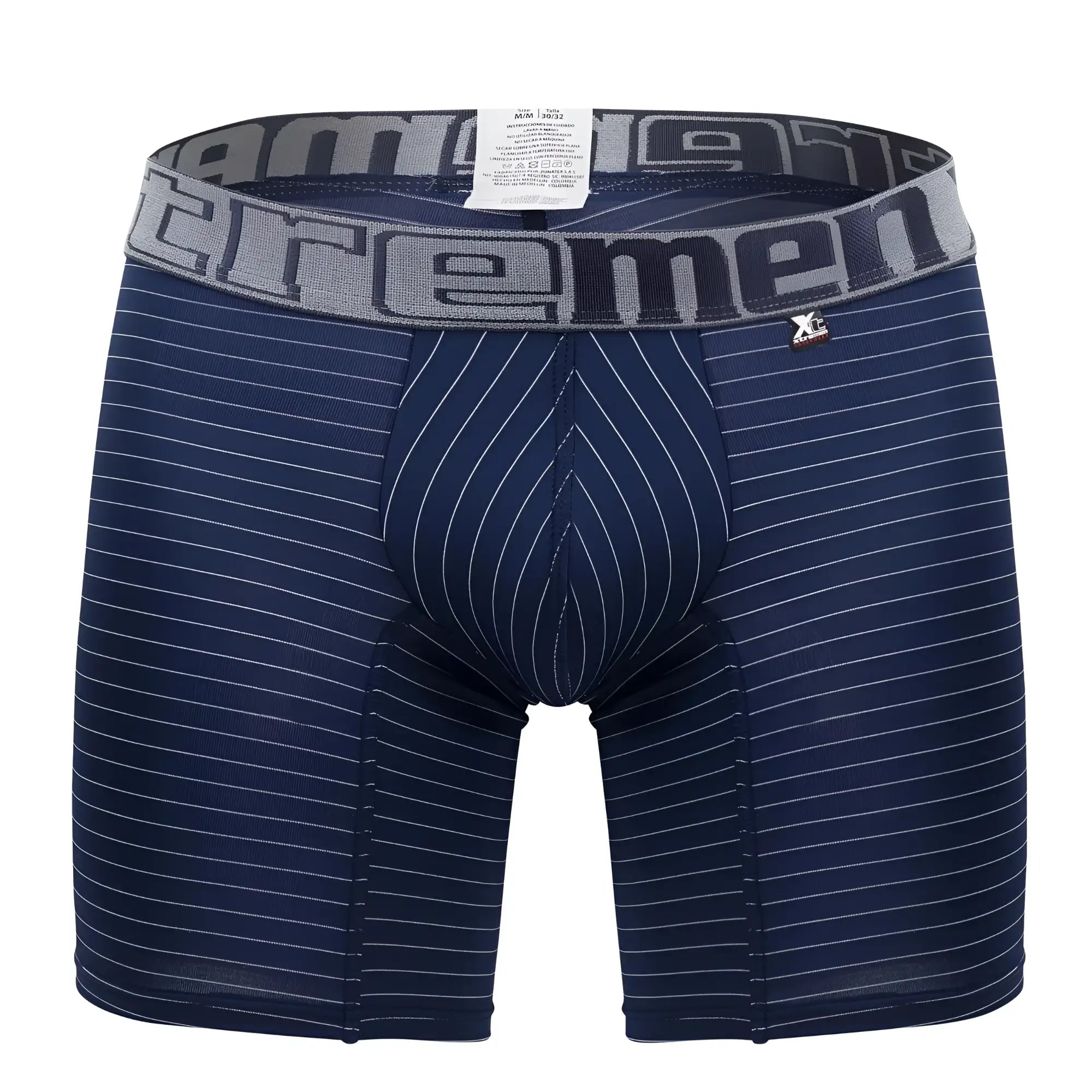 Navy blue boxer briefs with white pinstripes and gray waistband featuring reemen brand from xtremen 70004 plus collection